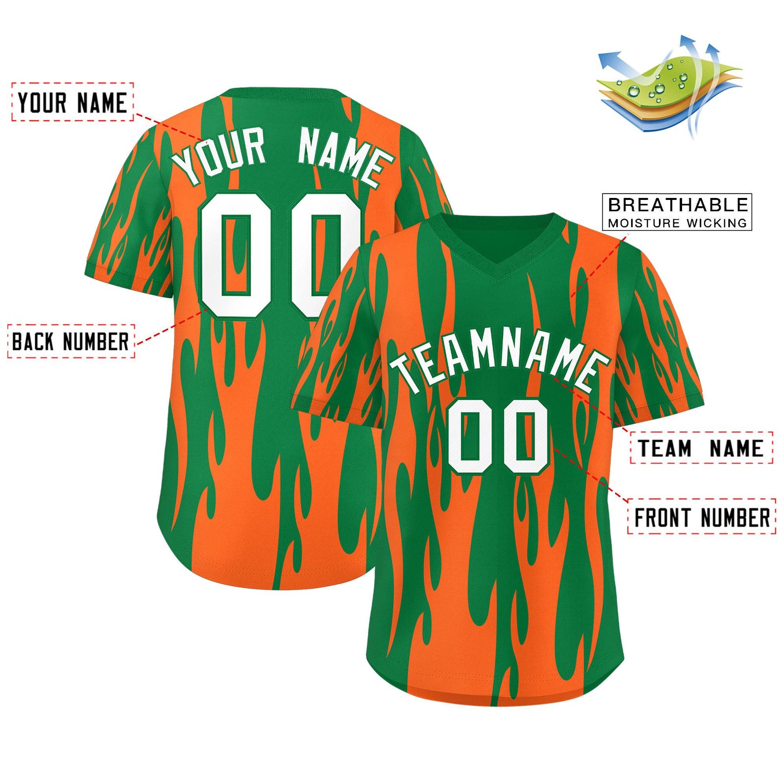 Custom Kelly Green Orange Flame Pattern Authentic Pullover Baseball Jersey