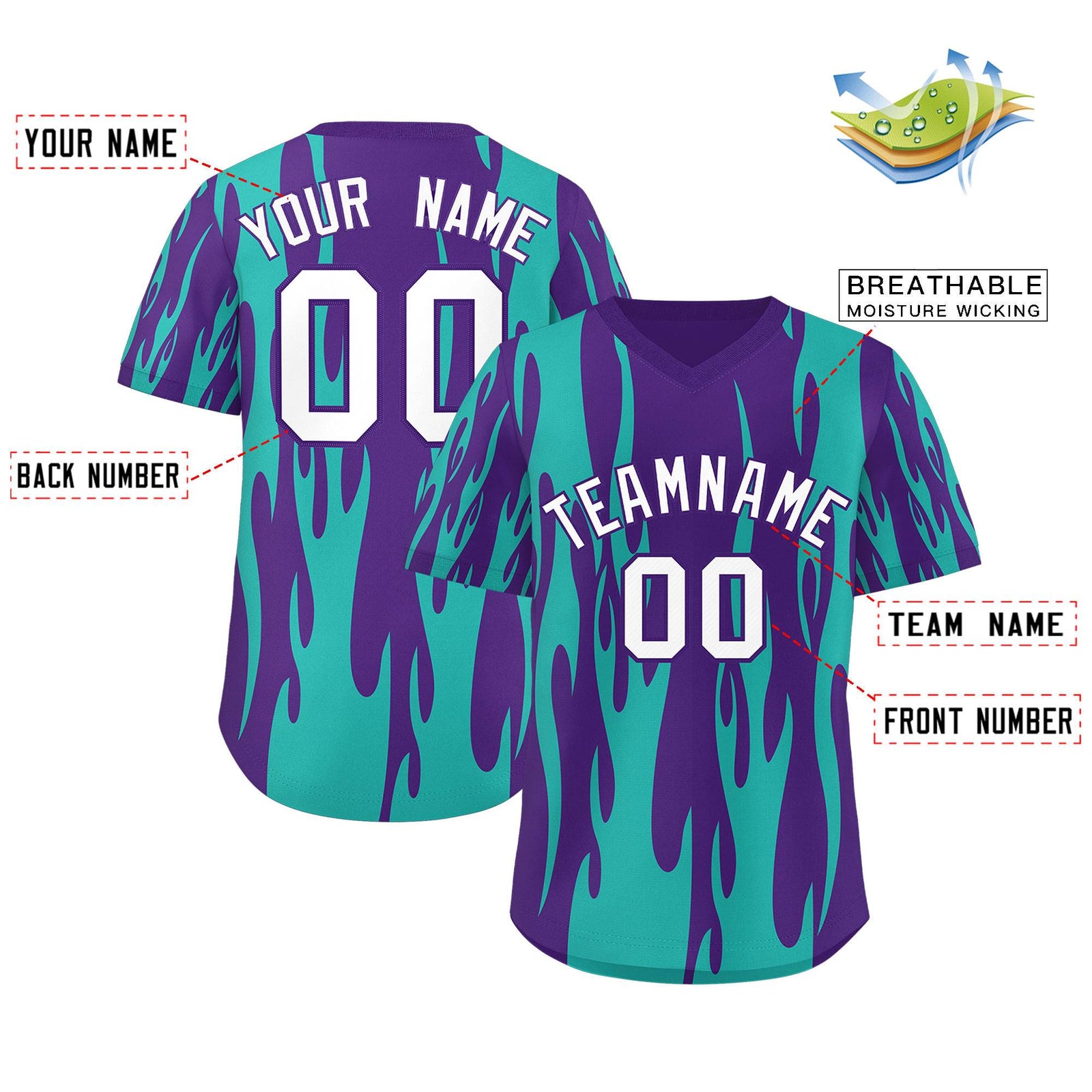 Custom Purple Aqua Flame Pattern Authentic Pullover Baseball Jersey
