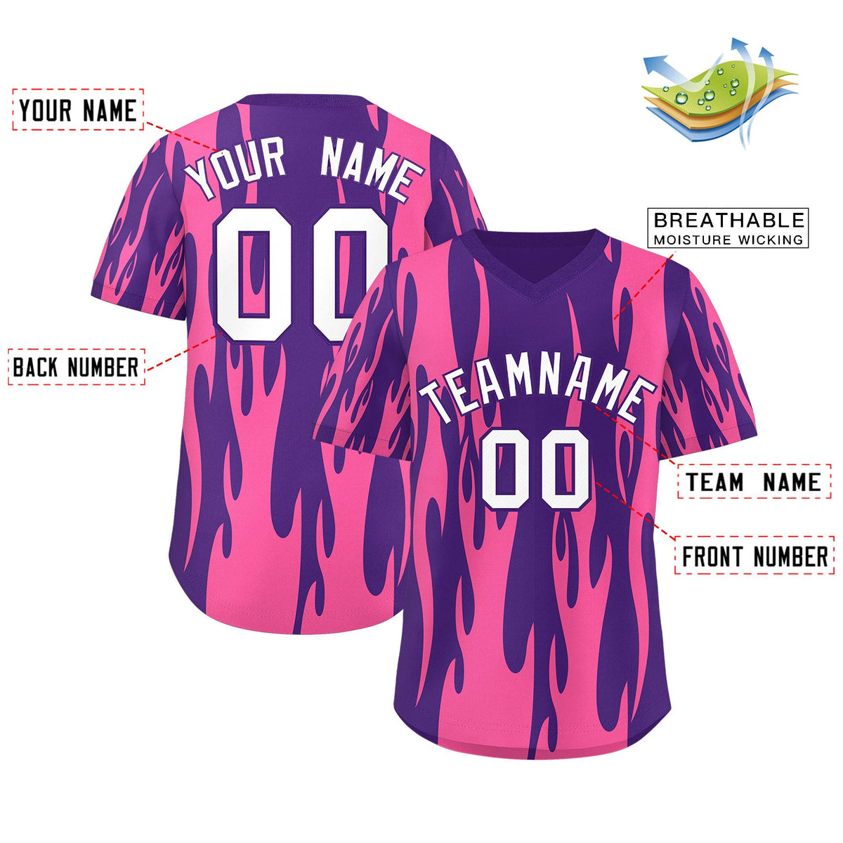 Custom Purple Pink Flame Pattern Authentic Pullover Baseball Jersey