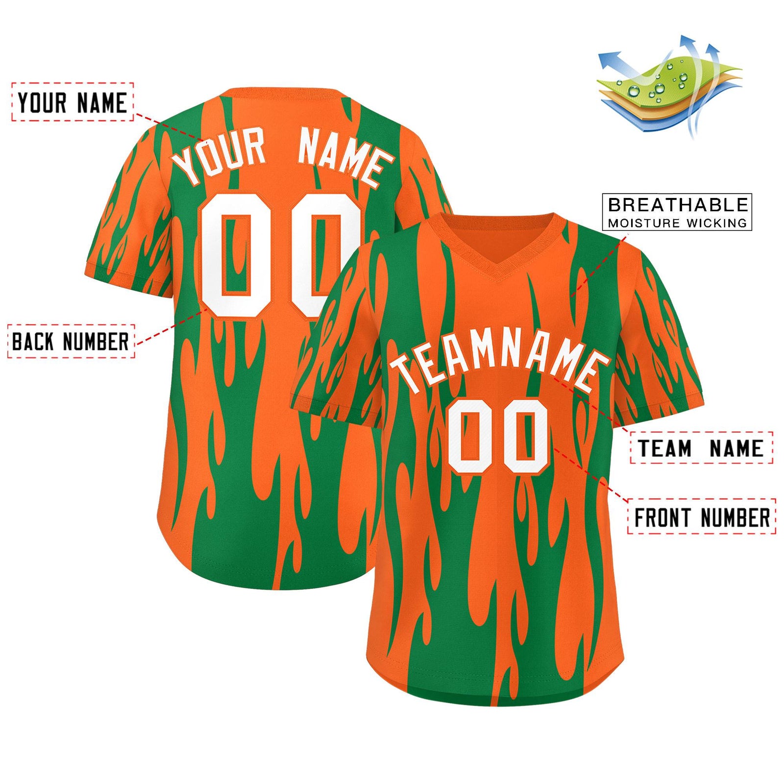 Custom Orange Kelly Green Flame Pattern Authentic Pullover Baseball Jersey