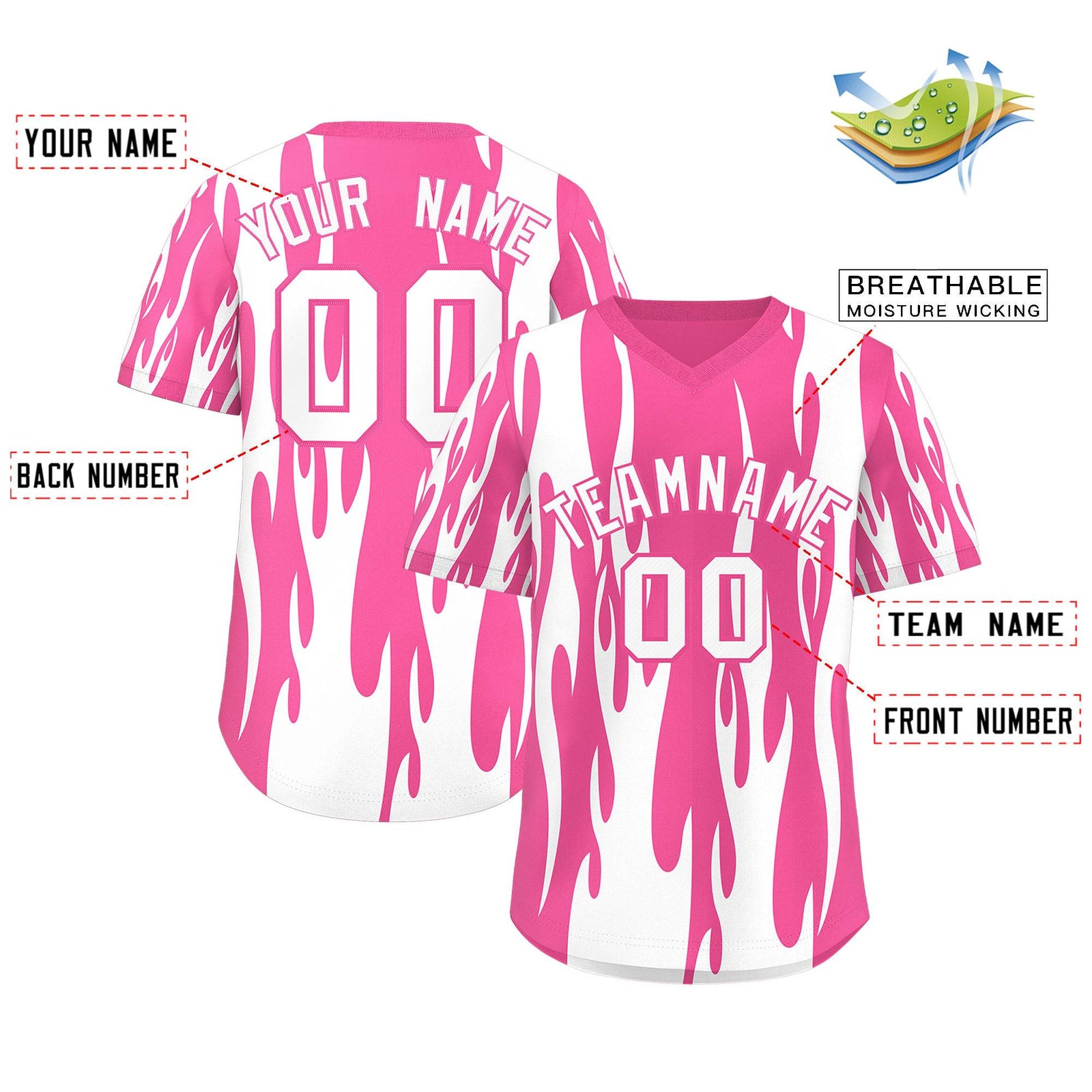 Custom Pink White Flame Pattern Authentic Pullover Baseball Jersey