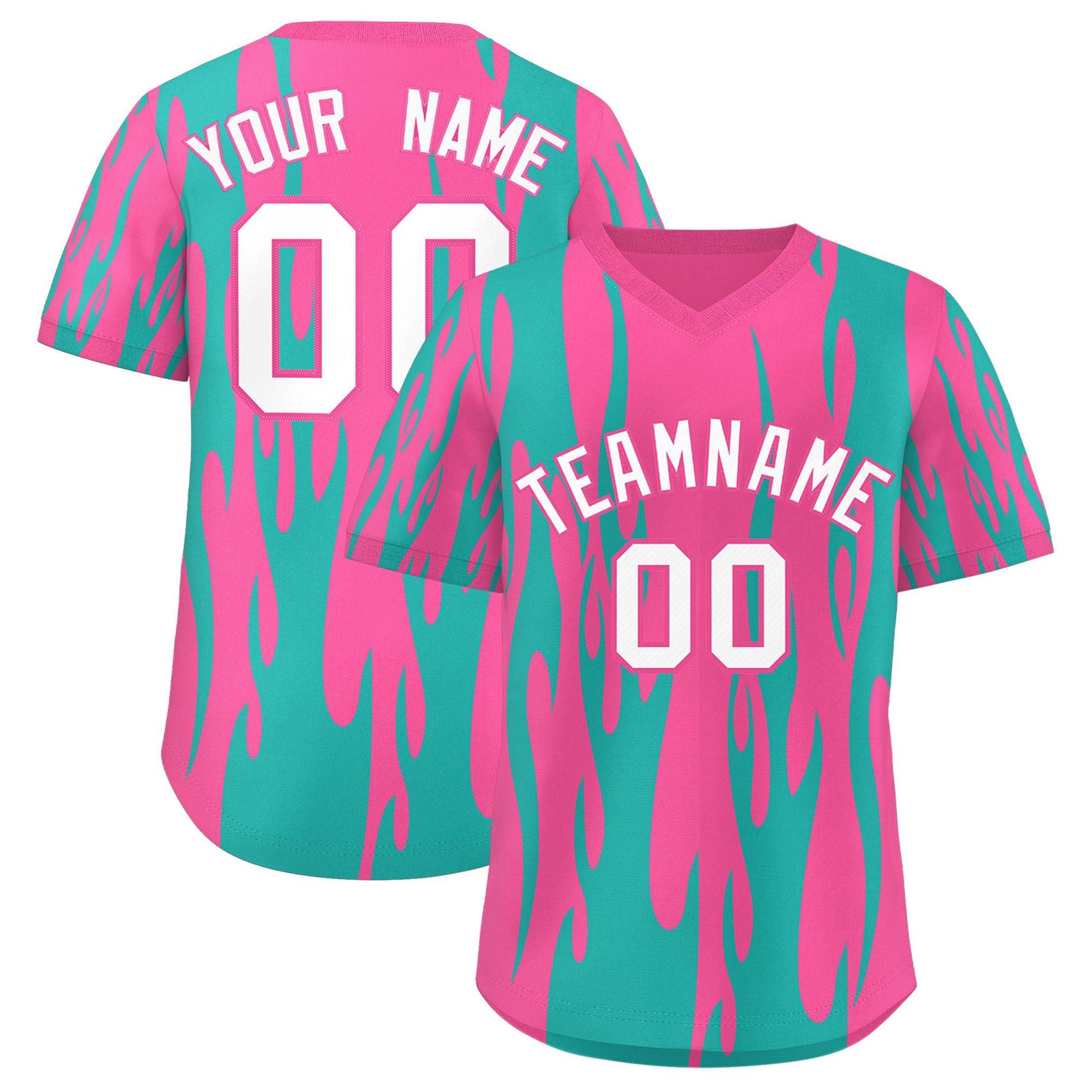 Custom Pink Aqua Flame Pattern Authentic Pullover Baseball Jersey