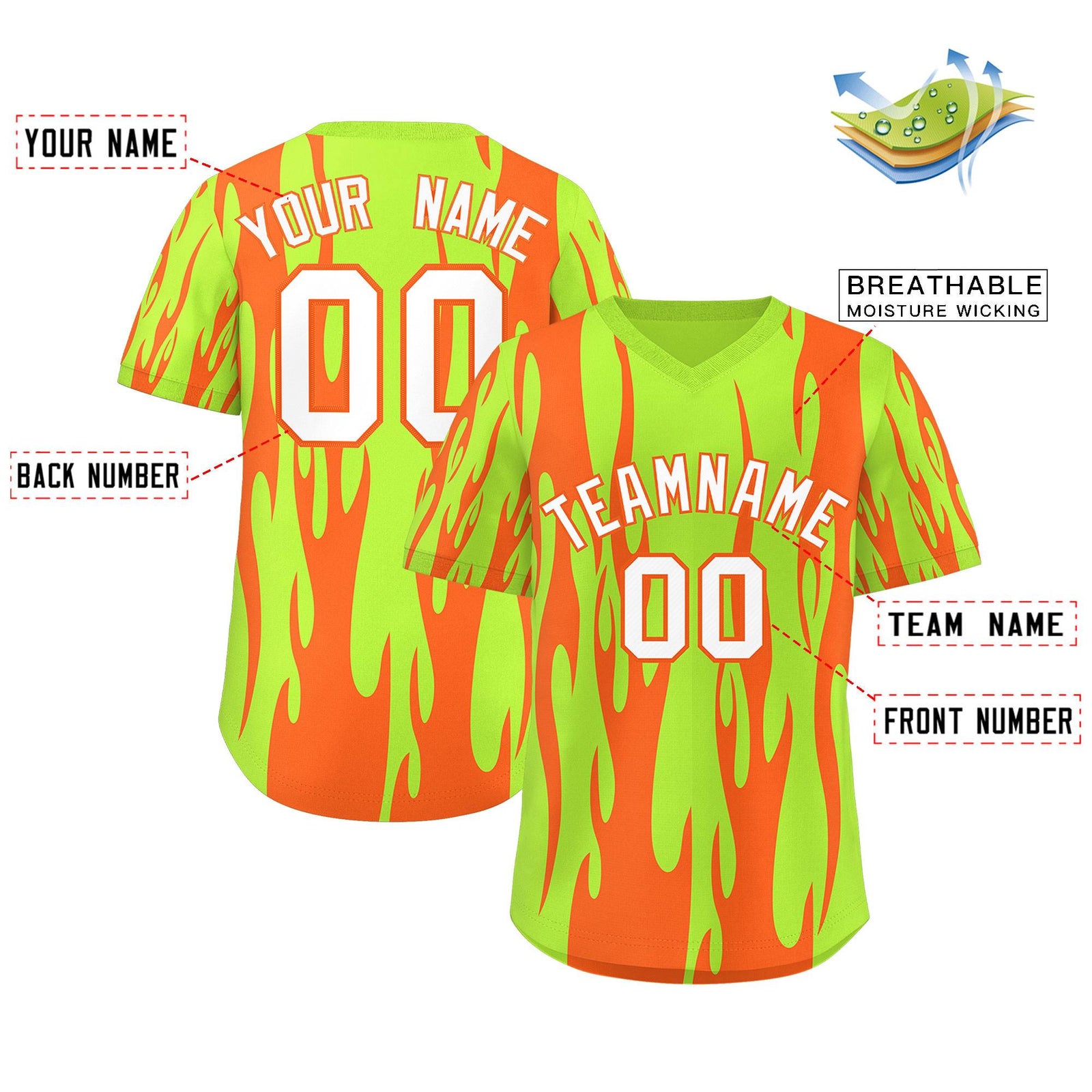 Custom Neon Green Orange Flame Pattern Authentic Pullover Baseball Jersey