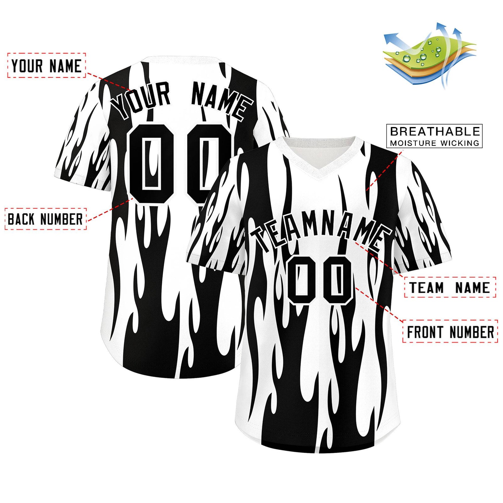 Custom White Black Flame Pattern Authentic Pullover Baseball Jersey