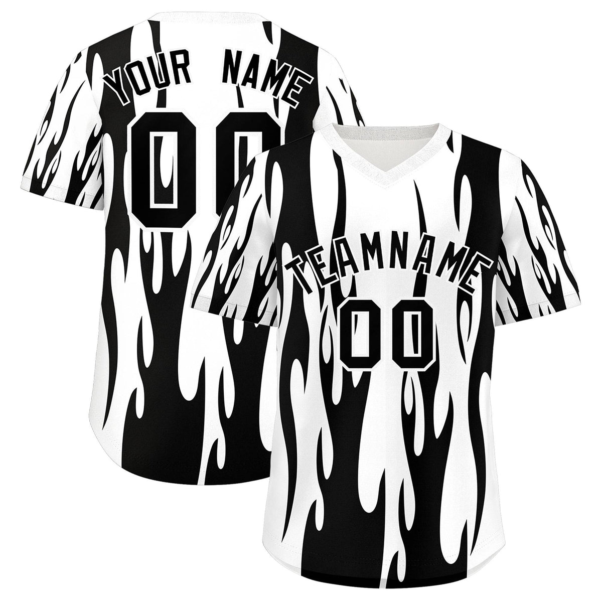 Custom White Black Flame Pattern Authentic Pullover Baseball Jersey