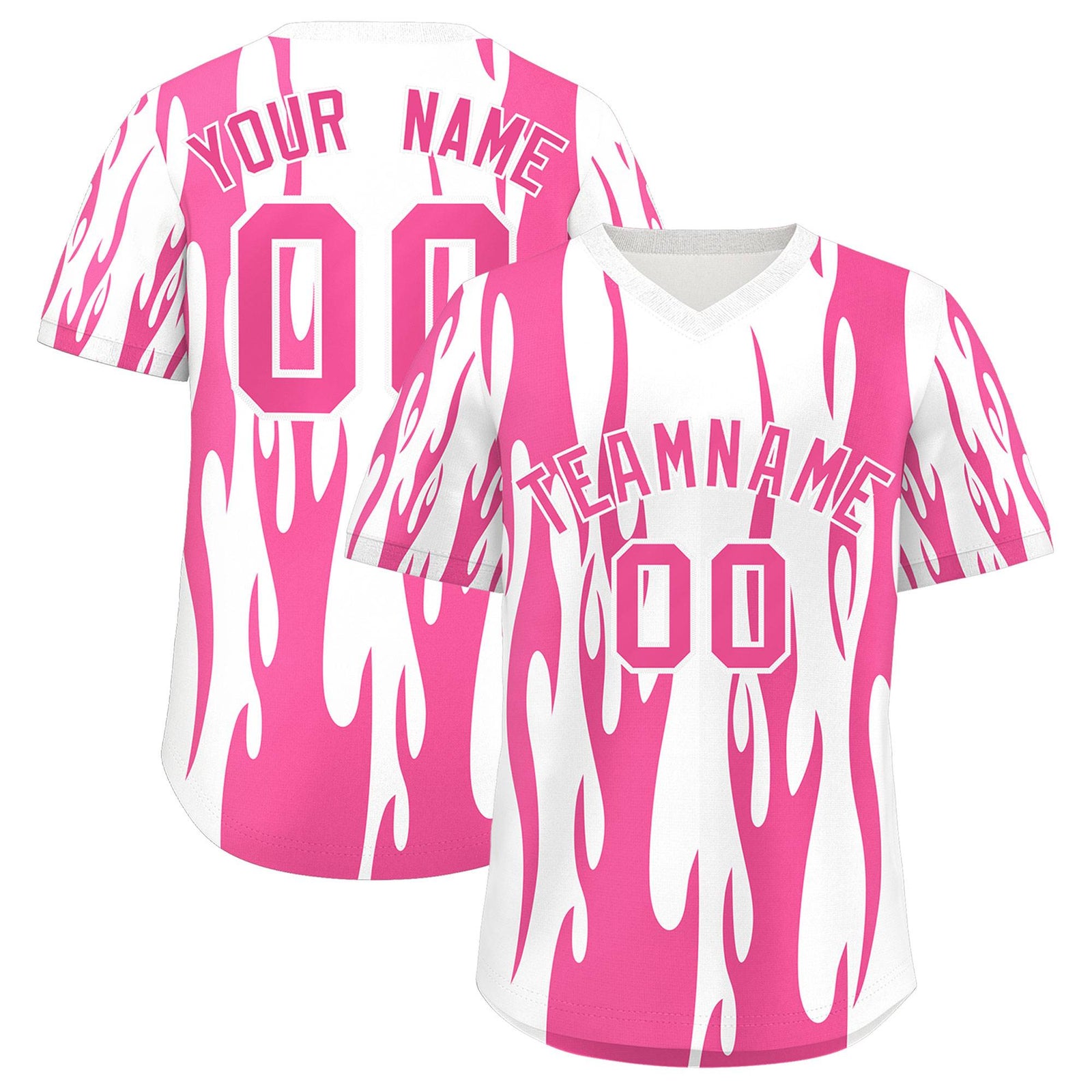 Custom White Pink Flame Pattern Authentic Pullover Baseball Jersey