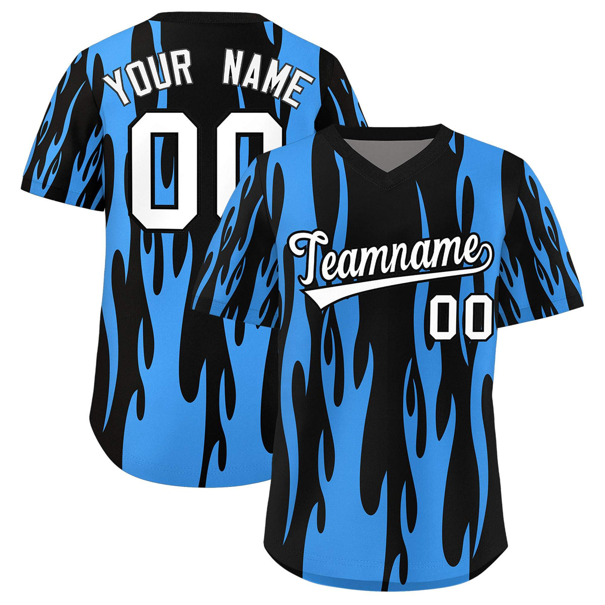 Custom Black Powder Blue Flame Pattern Authentic Pullover Baseball Jersey