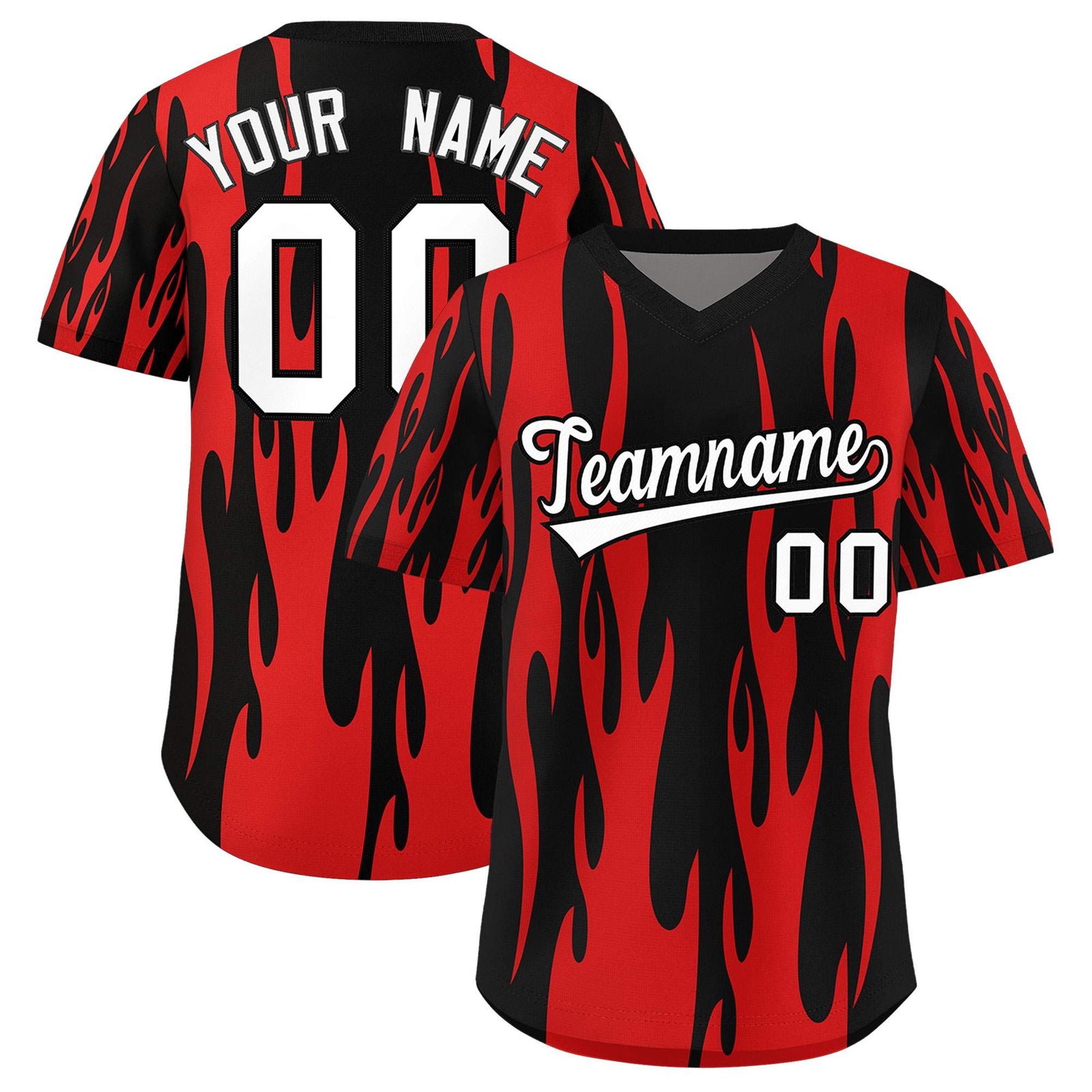 Custom Black Red Flame Pattern Authentic Pullover Baseball Jersey