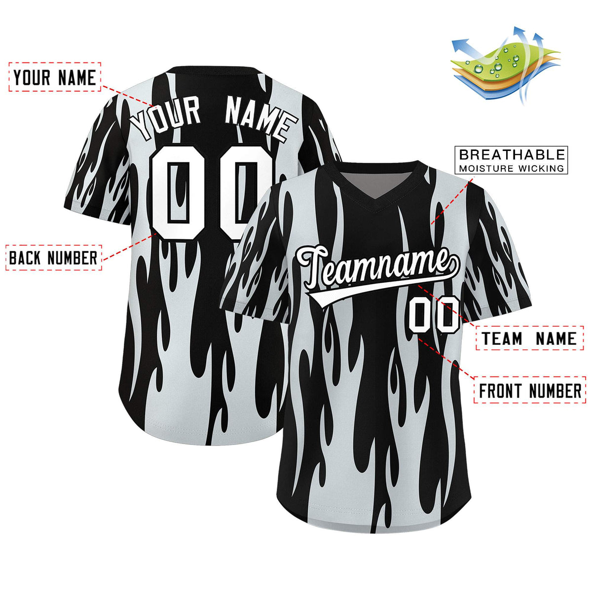 Custom Black Silver Flame Pattern Authentic Pullover Baseball Jersey