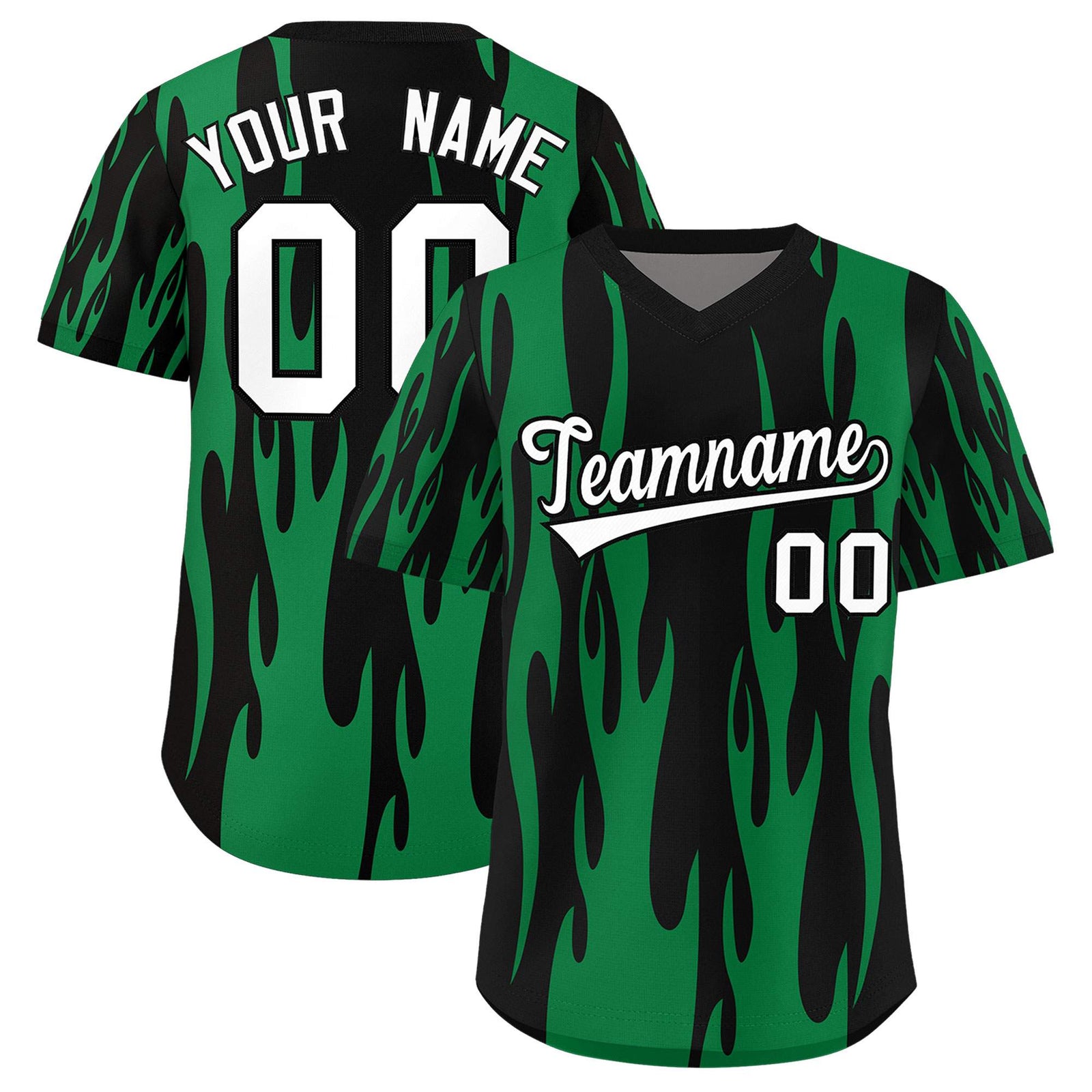 Custom Black Kelly Green Flame Pattern Authentic Pullover Baseball Jersey