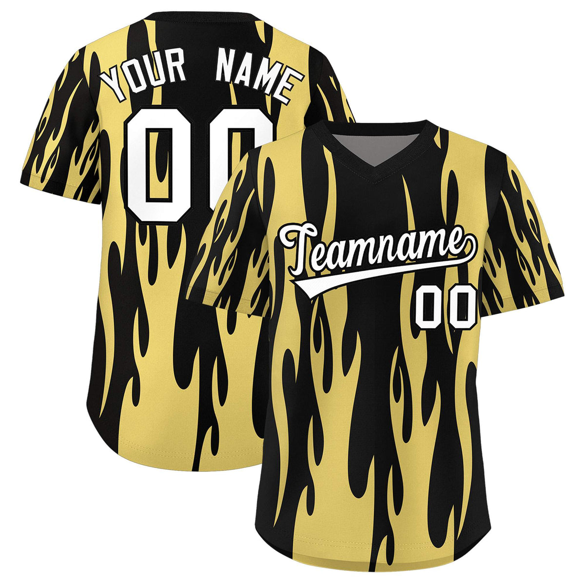 Custom Black Old Gold Flame Pattern Authentic Pullover Baseball Jersey