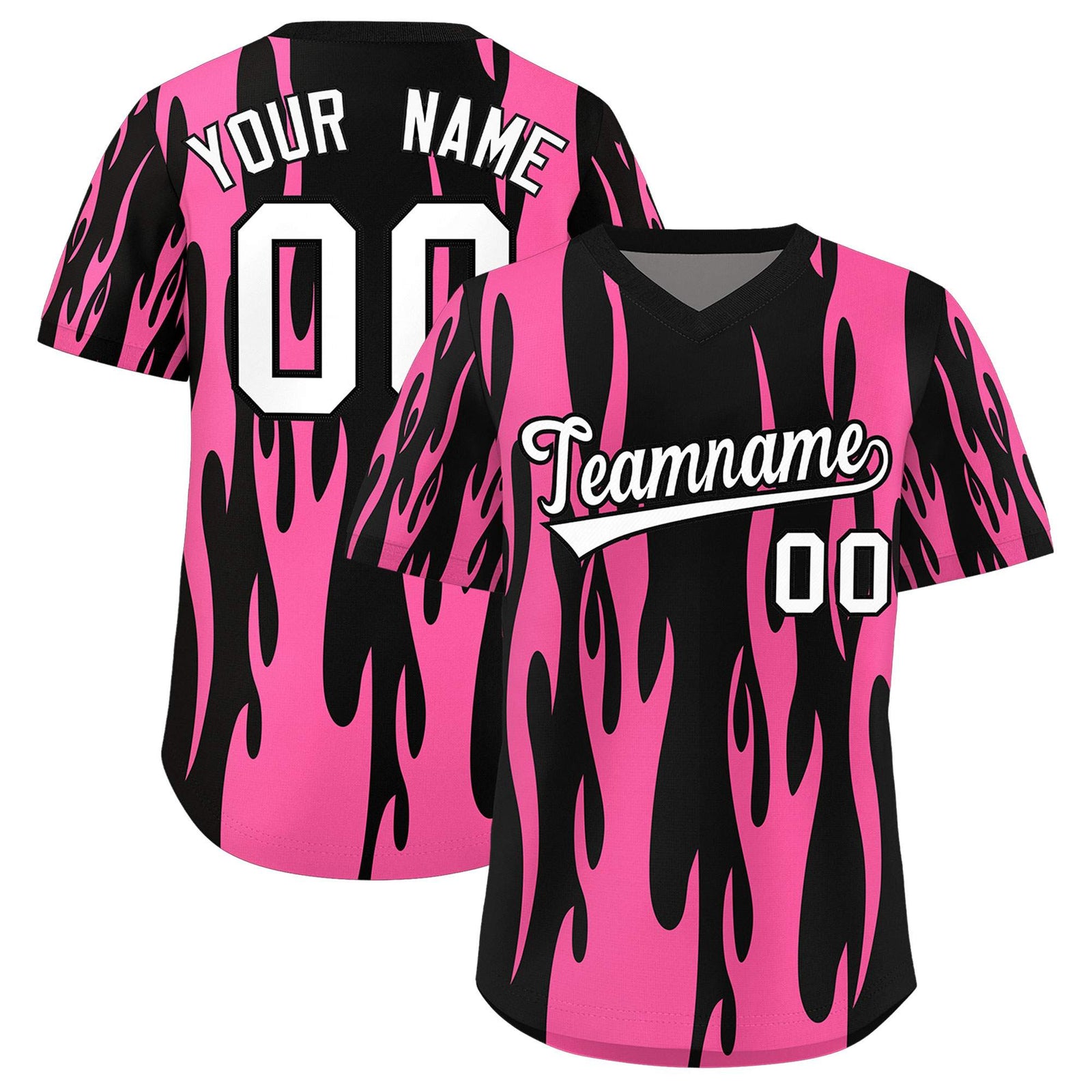 Custom Black Pink Flame Pattern Authentic Pullover Baseball Jersey