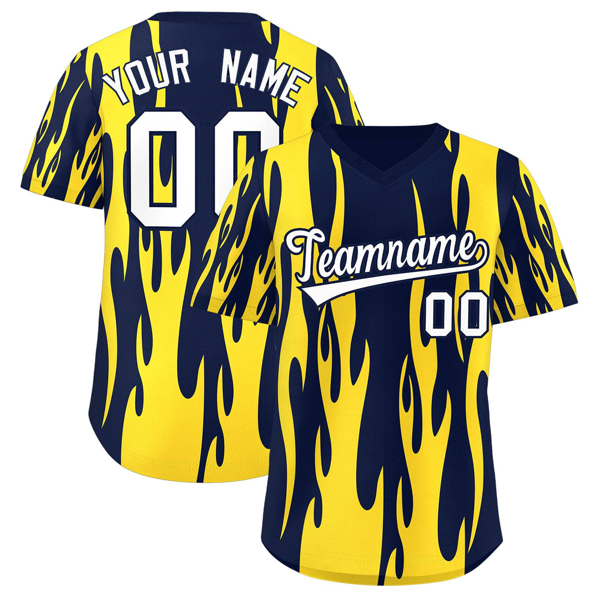 Custom Navy Gold Flame Pattern Authentic Pullover Baseball Jersey