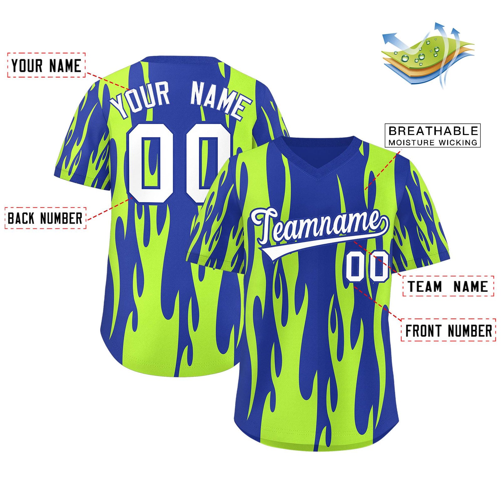 Custom Royal Neon Green Flame Pattern Authentic Pullover Baseball Jersey
