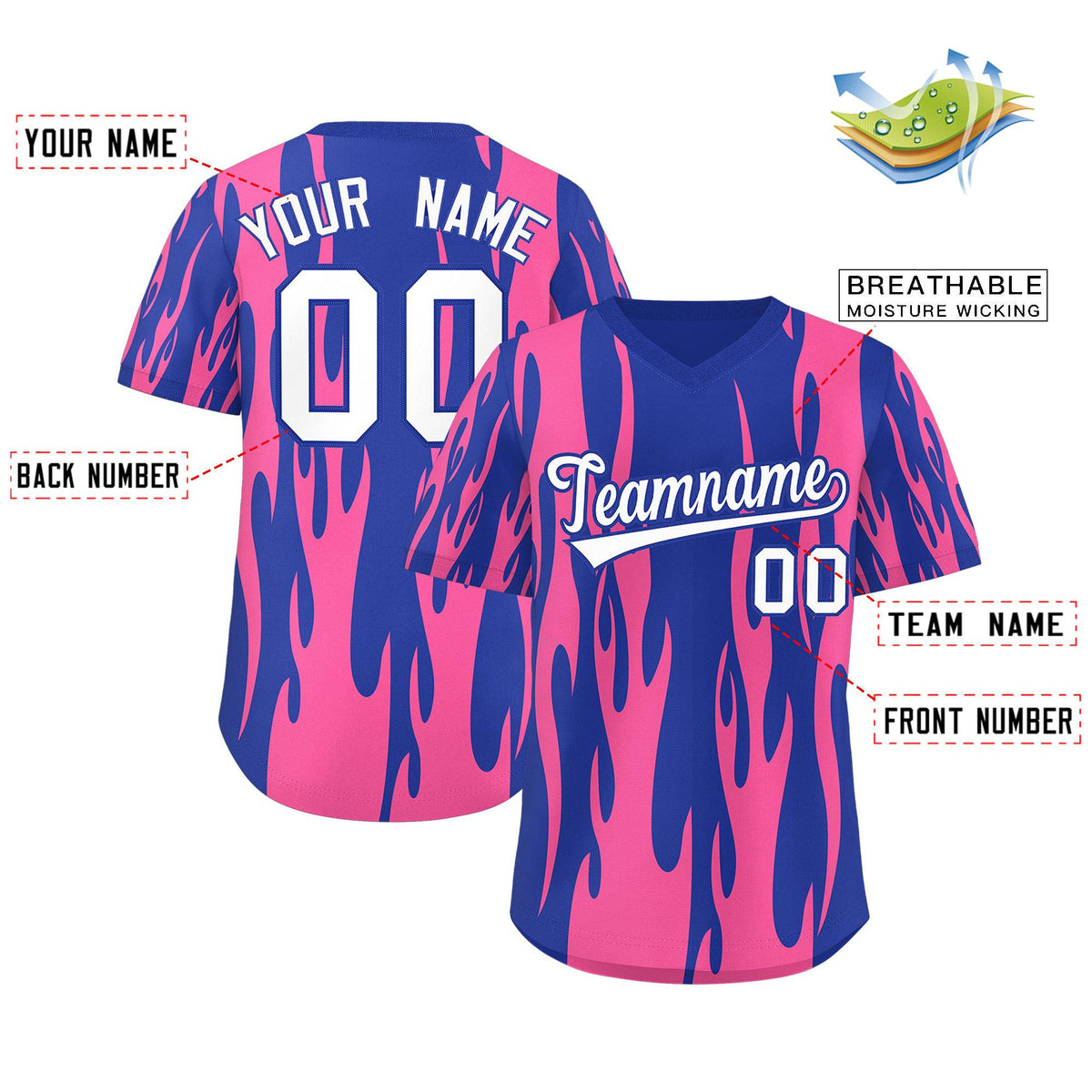 Custom Royal Pink Flame Pattern Authentic Pullover Baseball Jersey