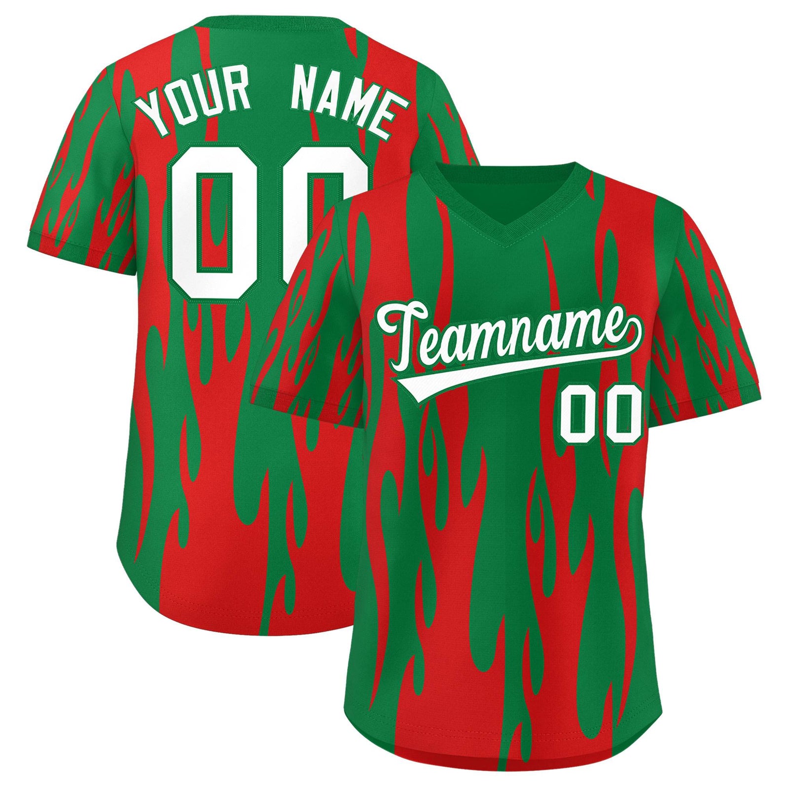 Custom Kelly Green Red Flame Pattern Authentic Pullover Baseball Jersey