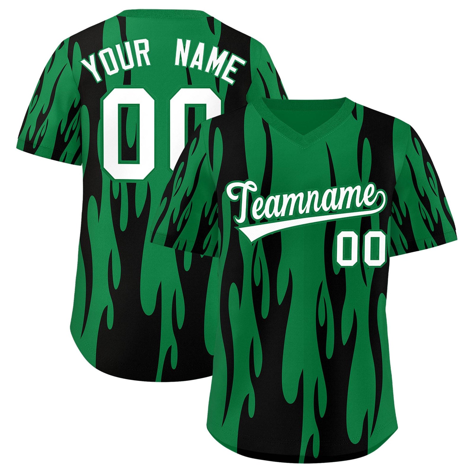 Custom Kelly Green Black Flame Pattern Authentic Pullover Baseball Jersey