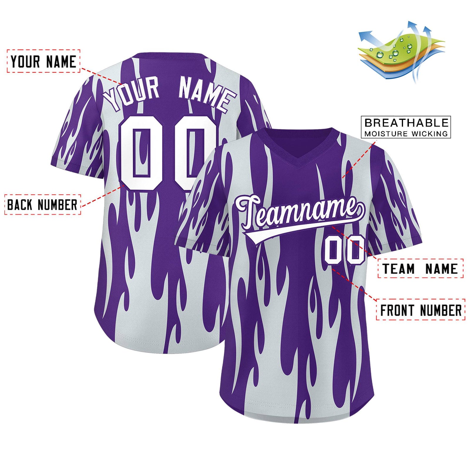 Custom Purple Silver Flame Pattern Authentic Pullover Baseball Jersey