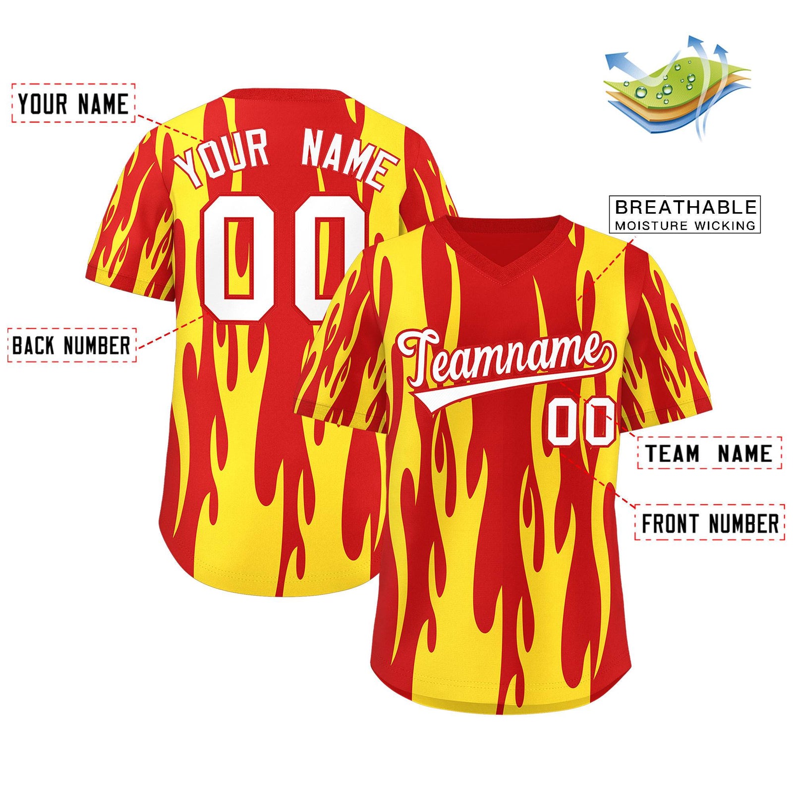 Custom Red Gold Flame Pattern Authentic Pullover Baseball Jersey