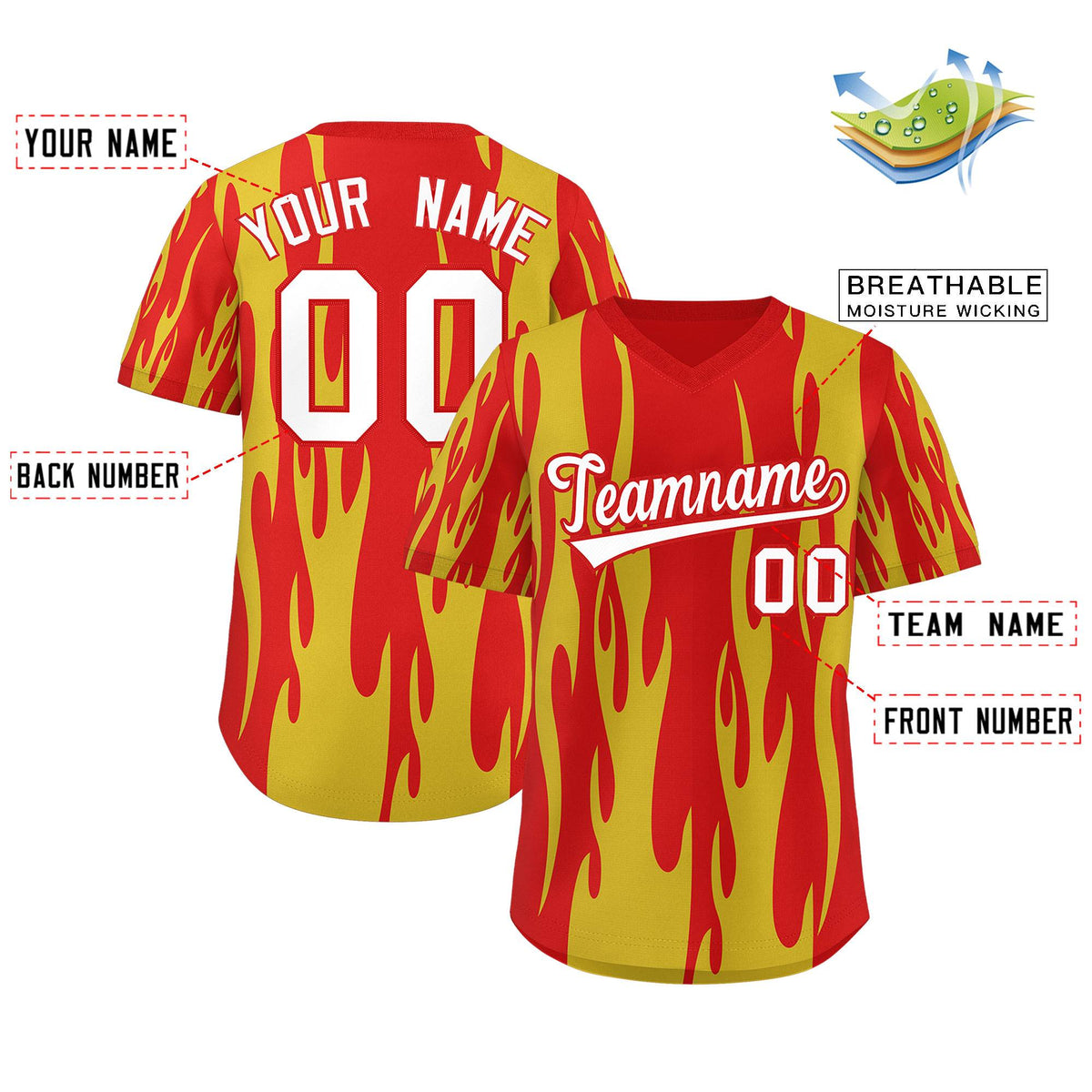 Custom Red Gold Flame Pattern Authentic Pullover Baseball Jersey