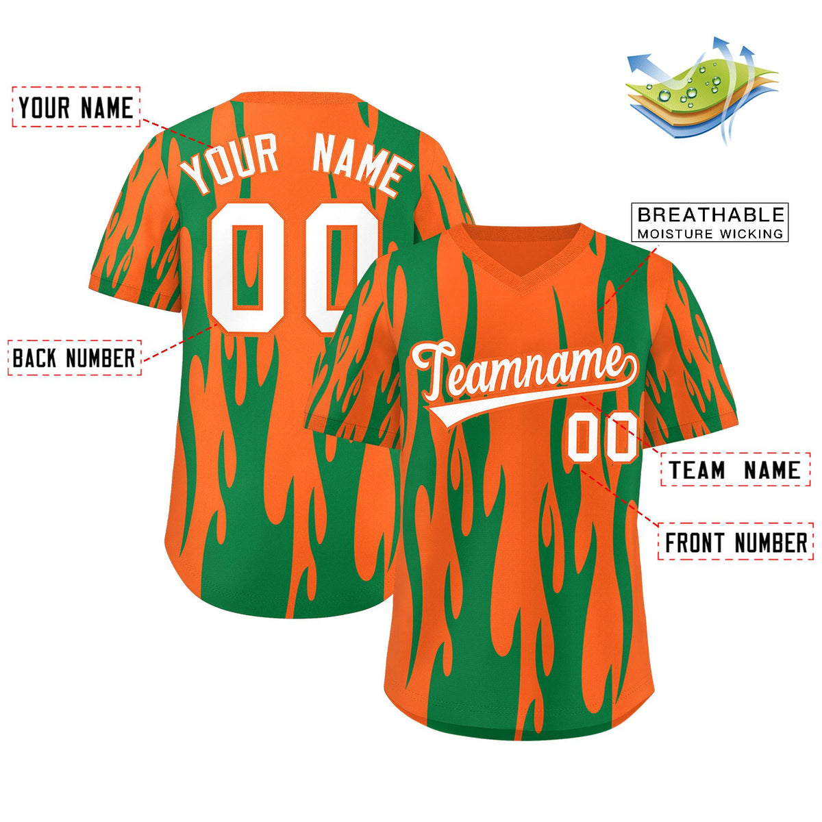 Custom Orange Kelly Green Flame Pattern Authentic Pullover Baseball Jersey