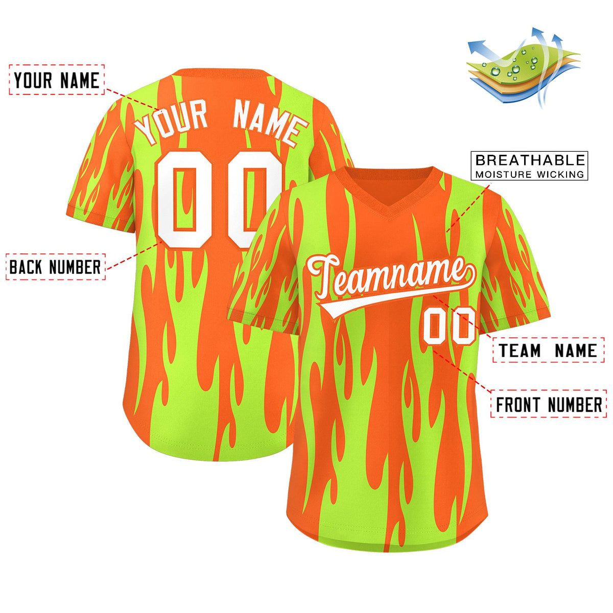 Custom Orange Neon Green Flame Pattern Authentic Pullover Baseball Jersey