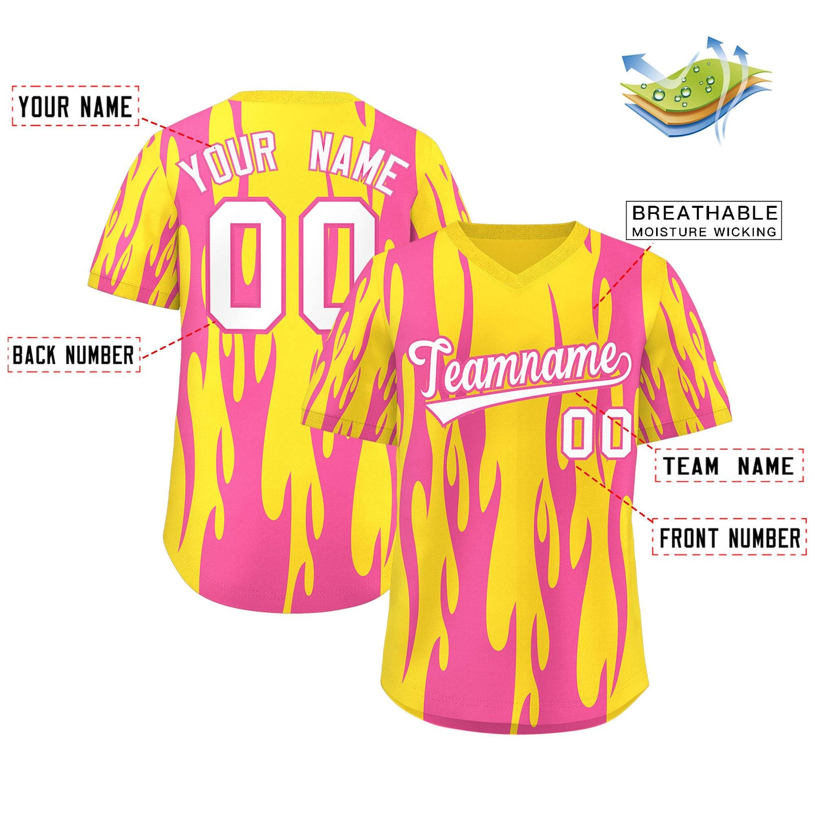 Custom Gold Pink Flame Pattern Authentic Pullover Baseball Jersey
