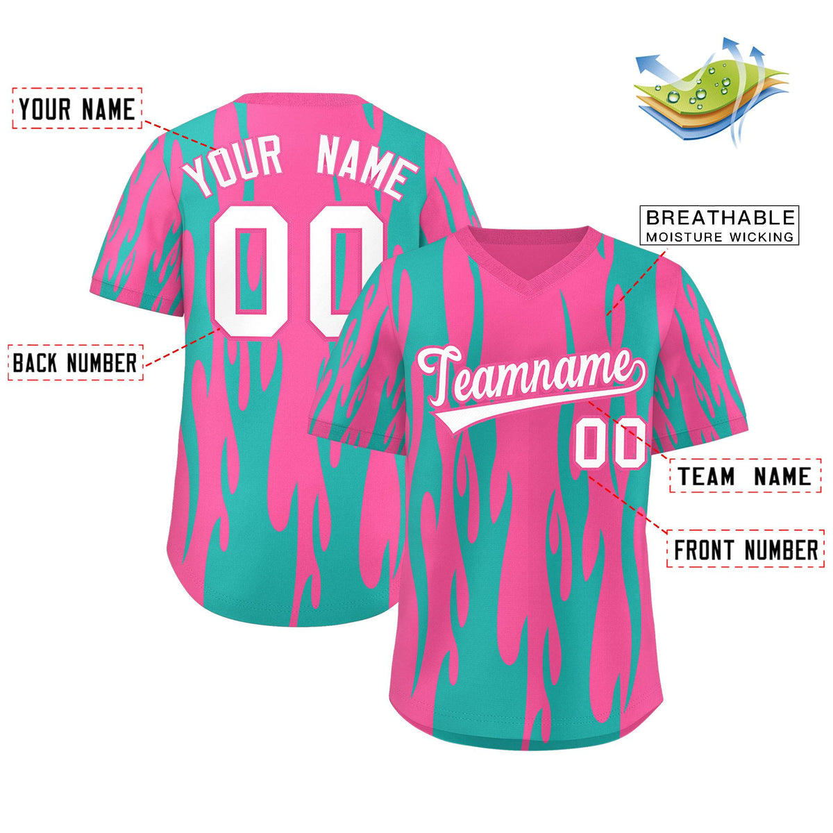 Custom Pink Aqua Flame Pattern Authentic Pullover Baseball Jersey