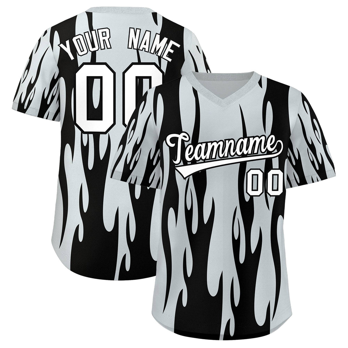 Custom Silver Black Flame Pattern Authentic Pullover Baseball Jersey