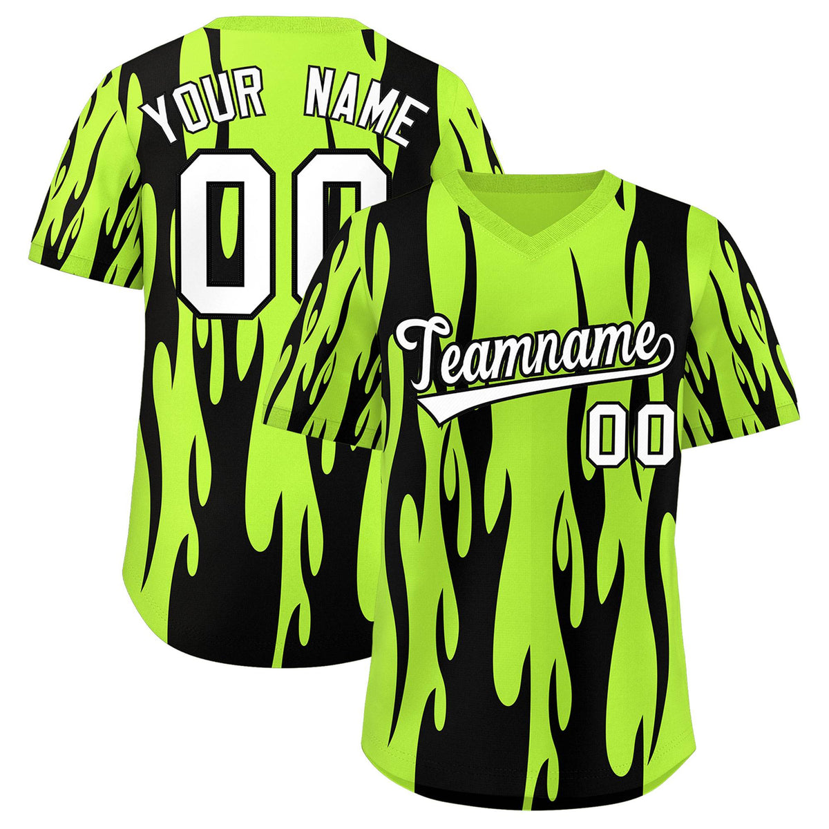 Custom Neon Green Black Flame Pattern Authentic Pullover Baseball Jersey