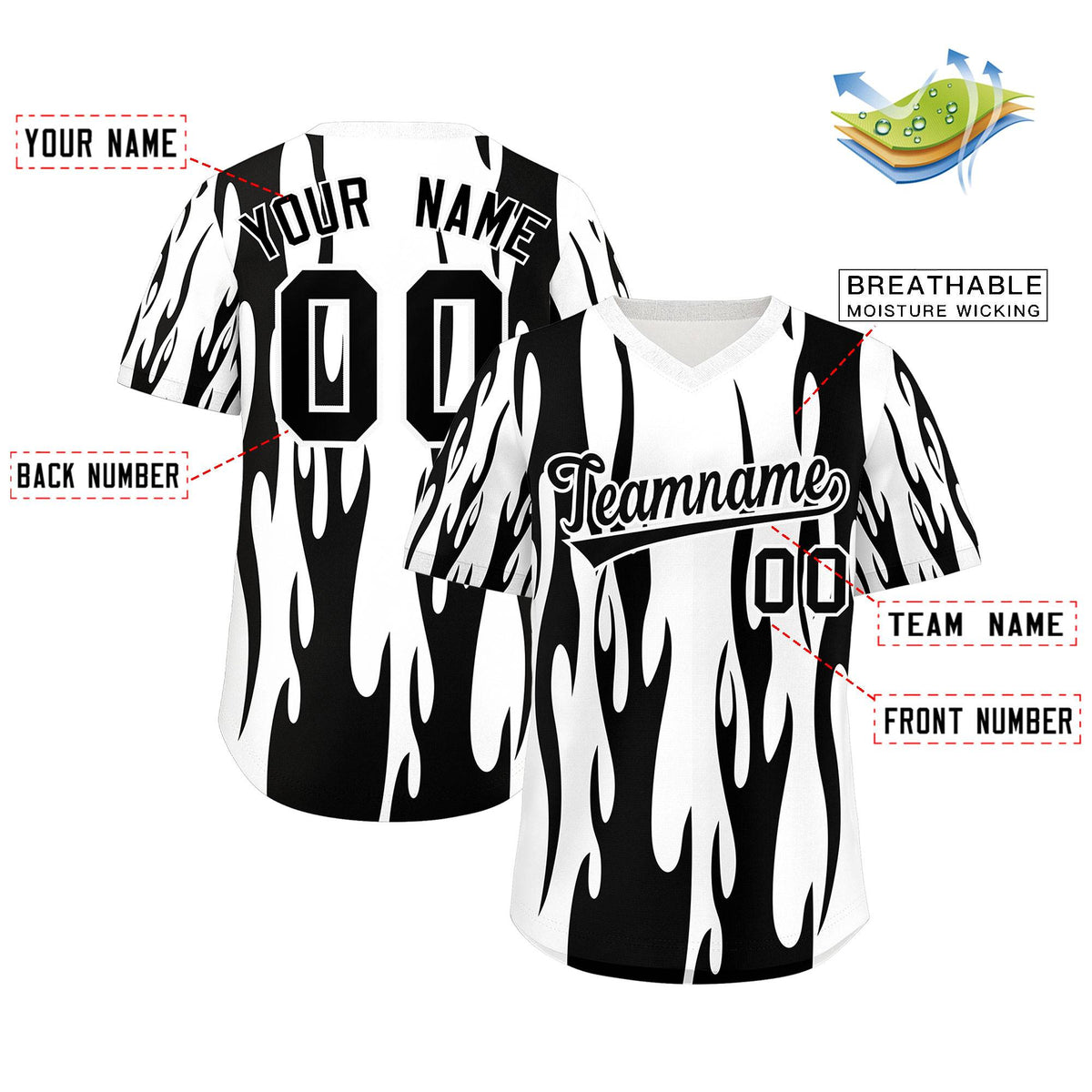 Custom White Black Flame Pattern Authentic Pullover Baseball Jersey
