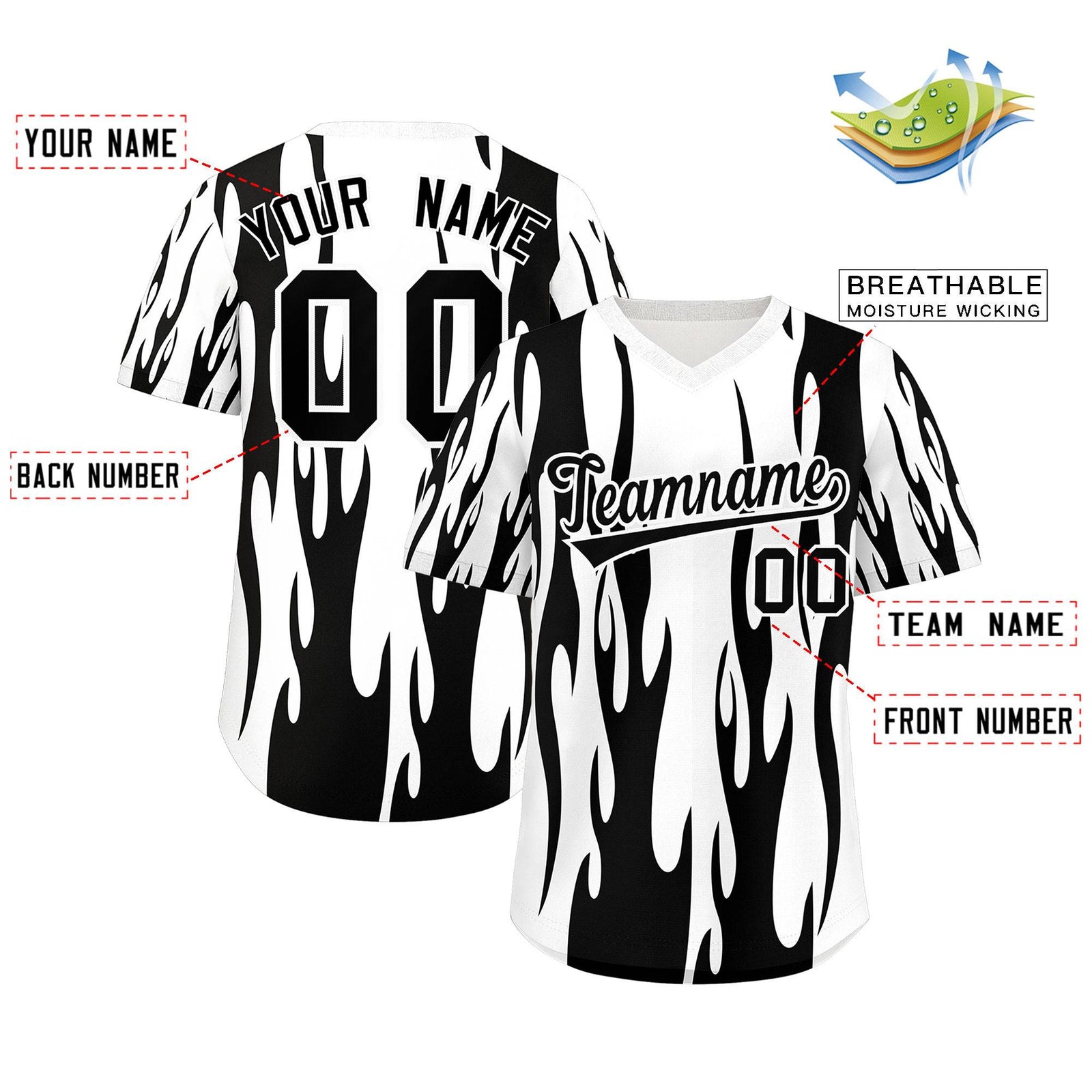 Custom White Black Flame Pattern Authentic Pullover Baseball Jersey