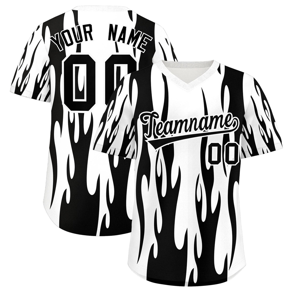 Custom White Black Flame Pattern Authentic Pullover Baseball Jersey