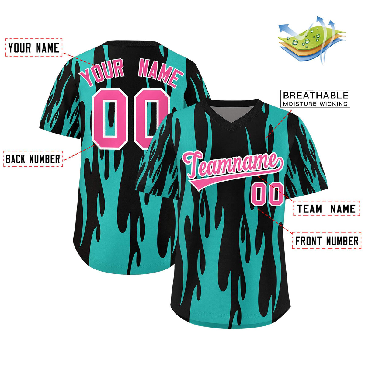 Custom Black Aqua Flame Pattern Authentic Pullover Baseball Jersey