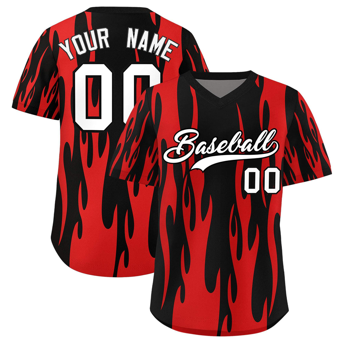Custom Black Red Flame Pattern Authentic Pullover Baseball Jersey