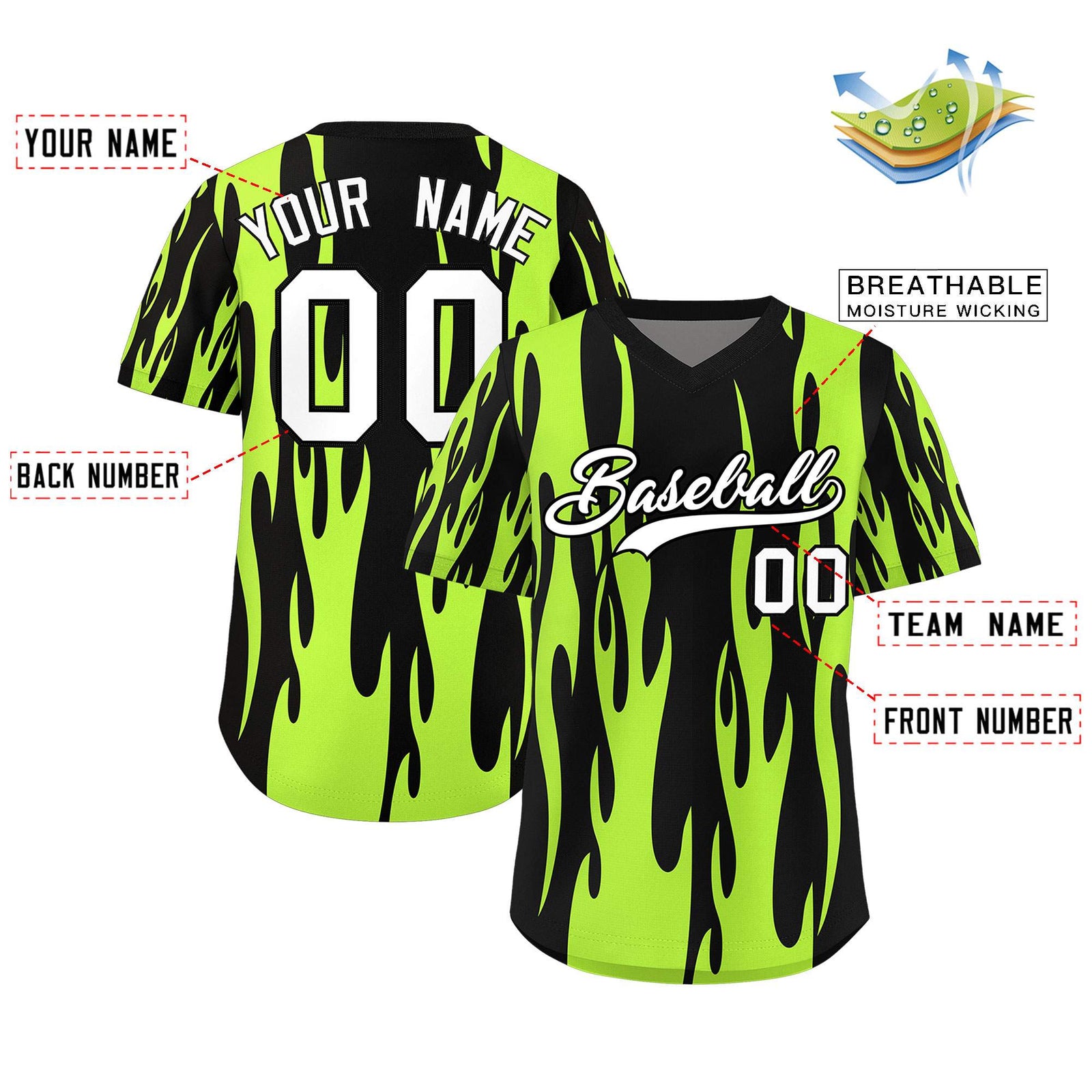 Custom Black Neon Green Flame Pattern Authentic Pullover Baseball Jersey