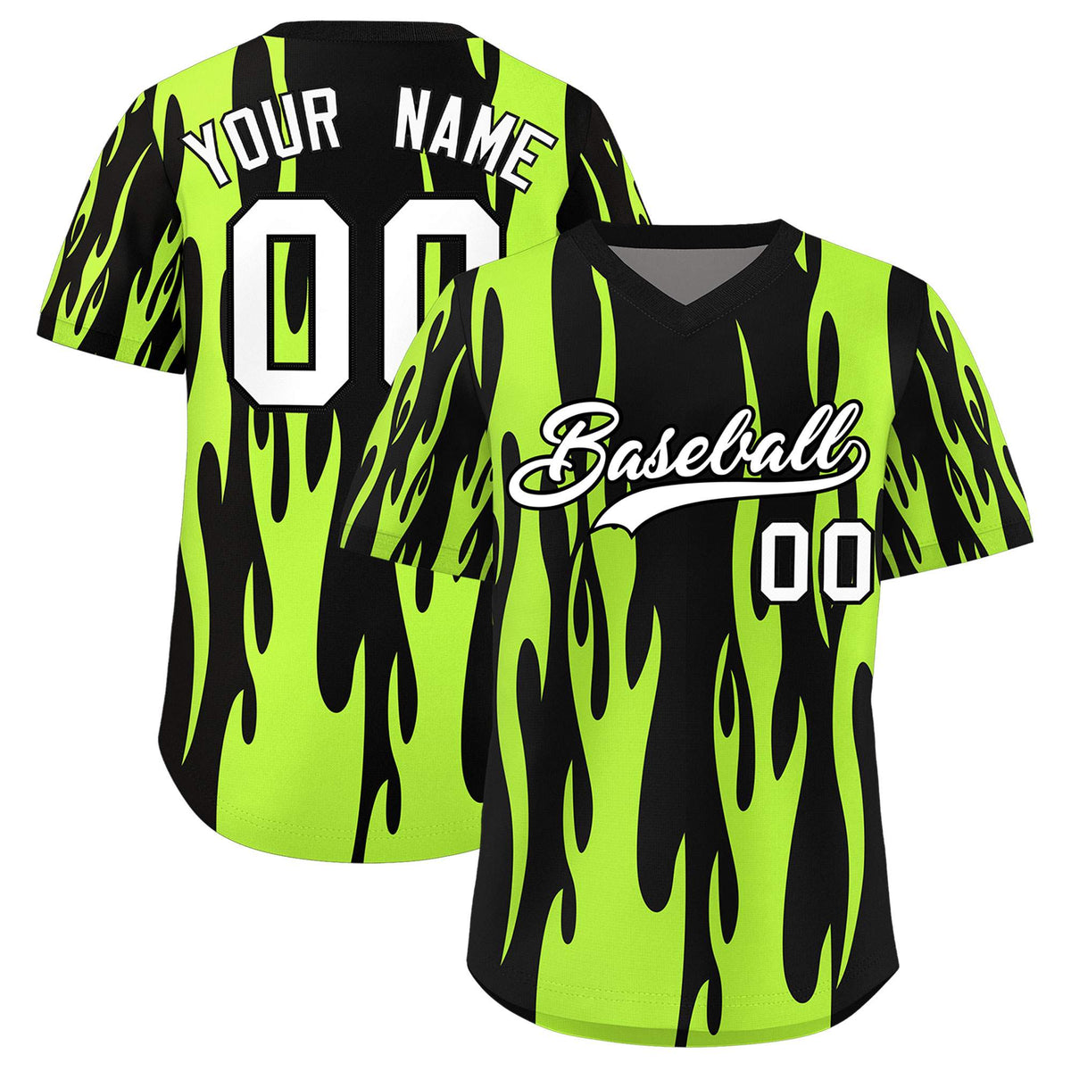 Custom Black Neon Green Flame Pattern Authentic Pullover Baseball Jersey