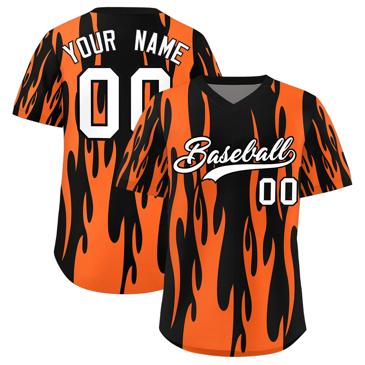 Custom Black Orange Flame Pattern Authentic Pullover Baseball Jersey