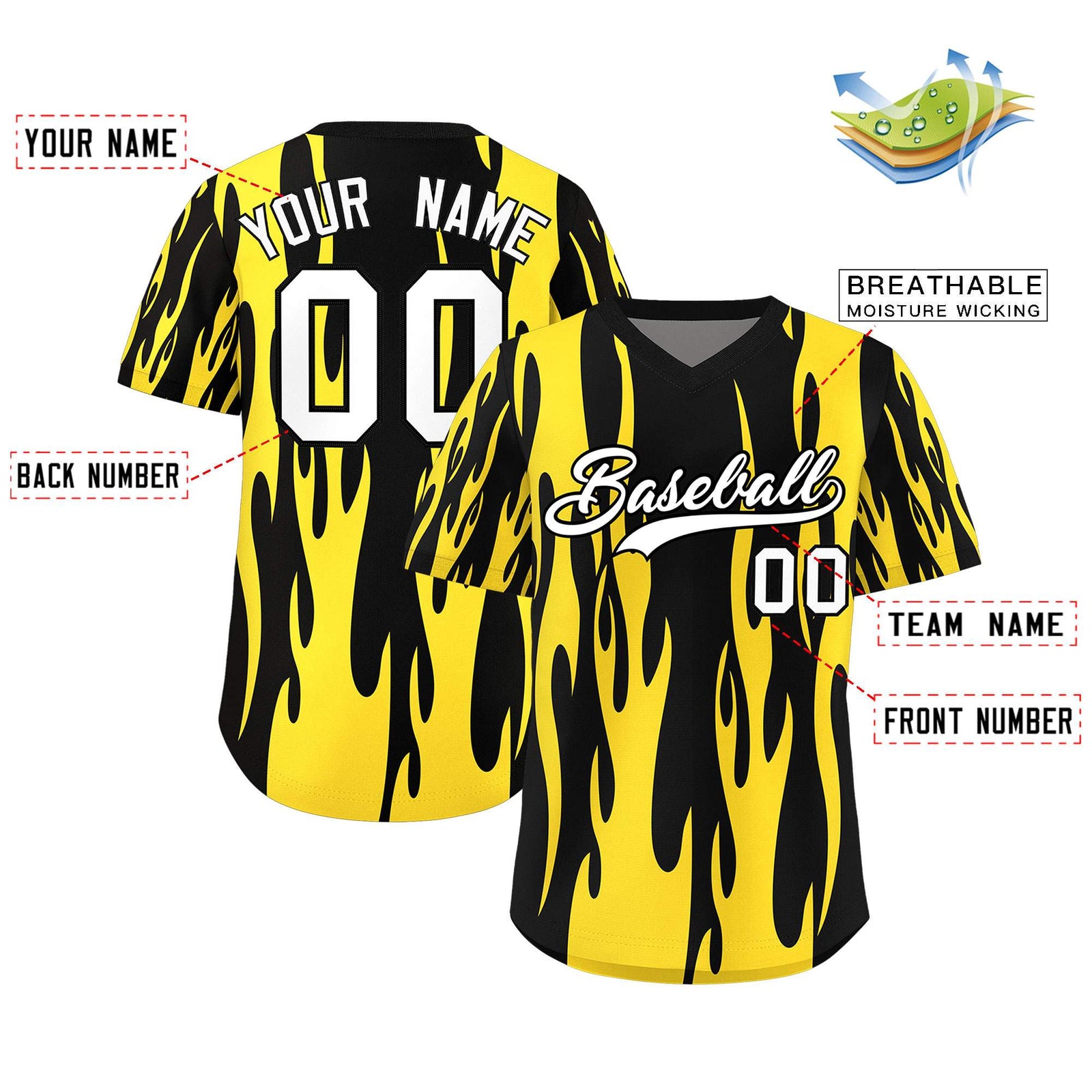 Custom Black Gold Flame Pattern Authentic Pullover Baseball Jersey
