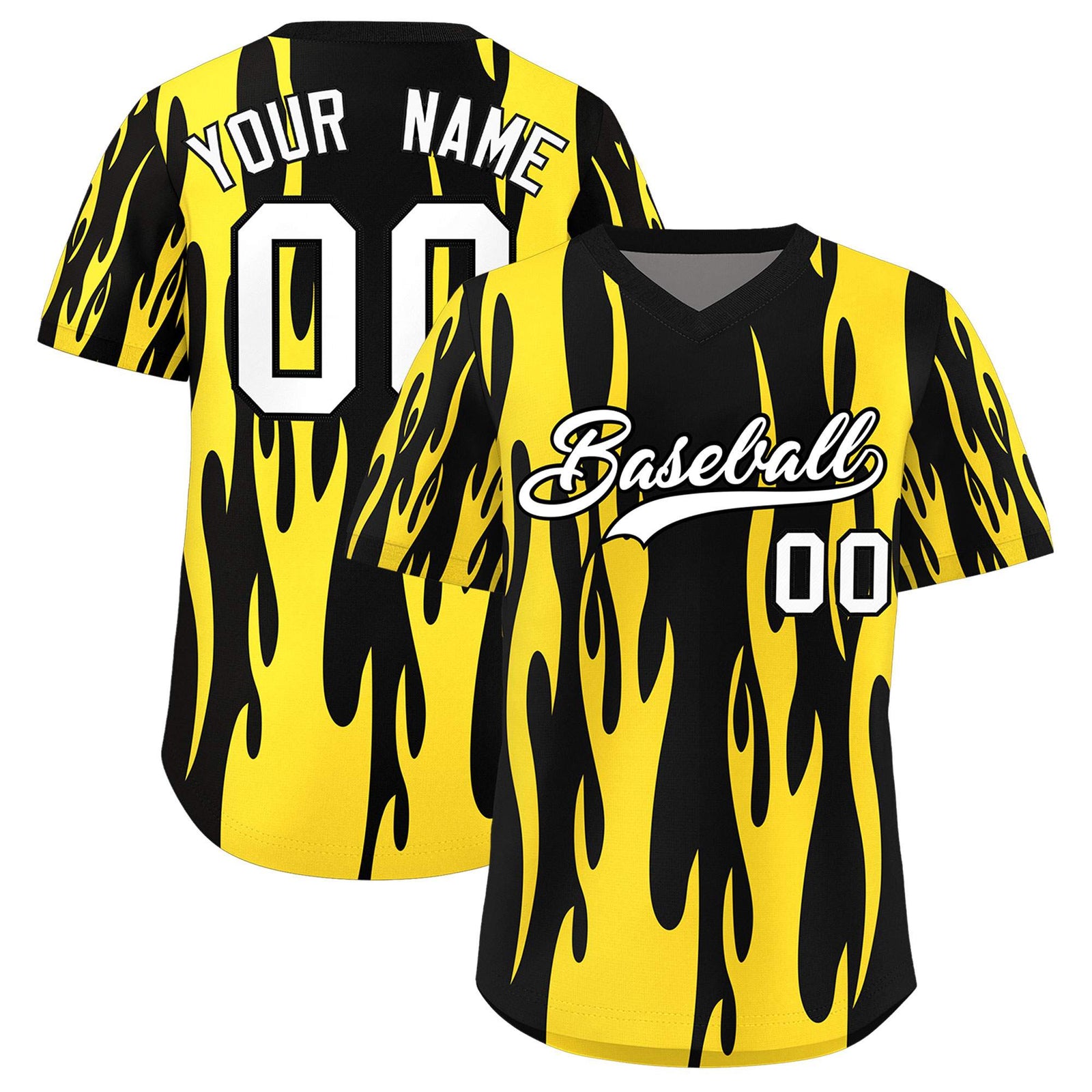 Custom Black Gold Flame Pattern Authentic Pullover Baseball Jersey