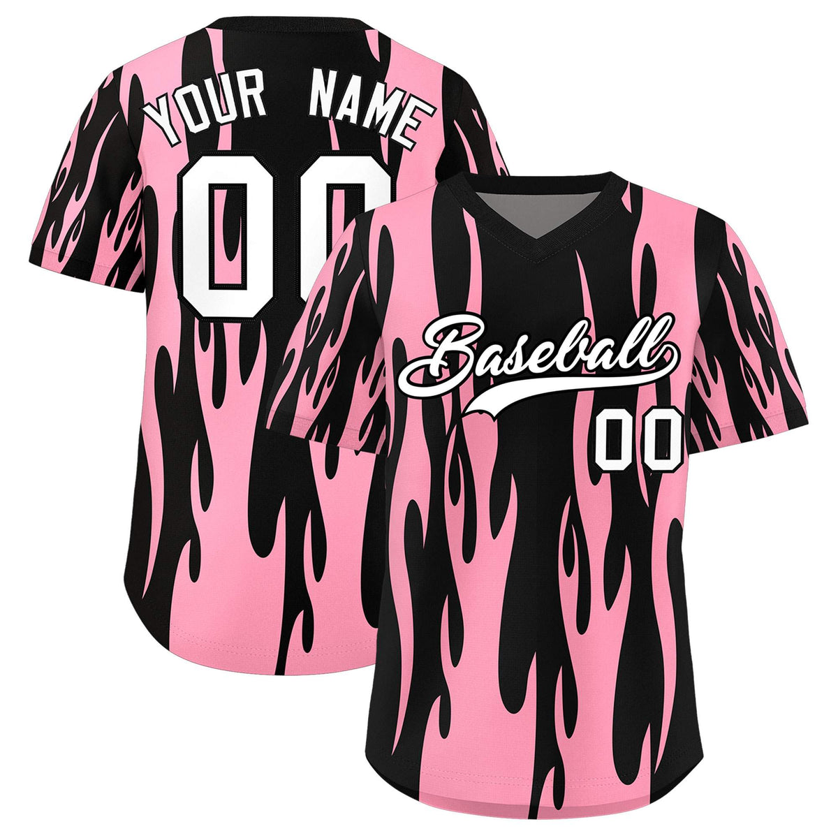 Custom Black Light Pink Flame Pattern Authentic Pullover Baseball Jersey