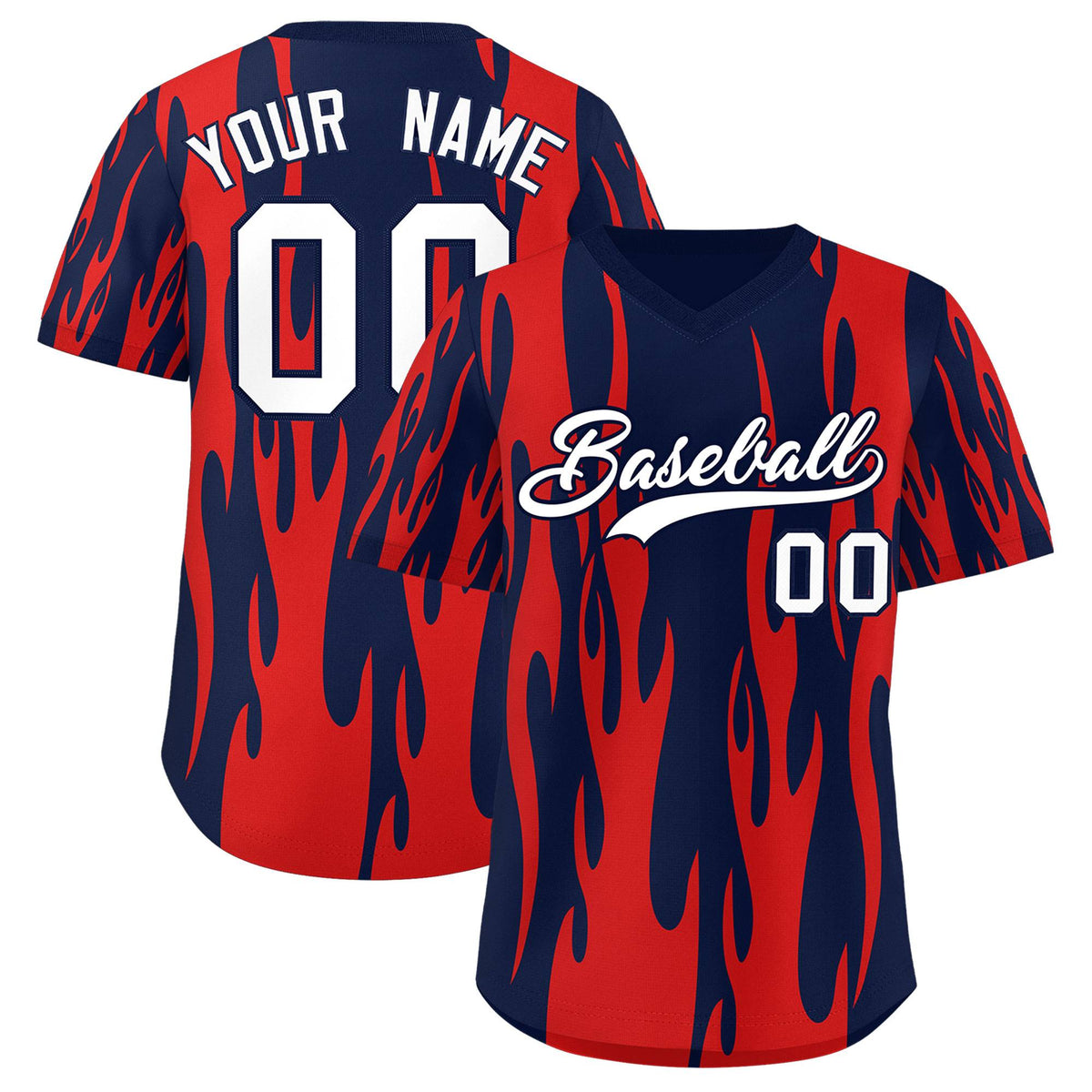 Custom Navy Red Flame Pattern Authentic Pullover Baseball Jersey