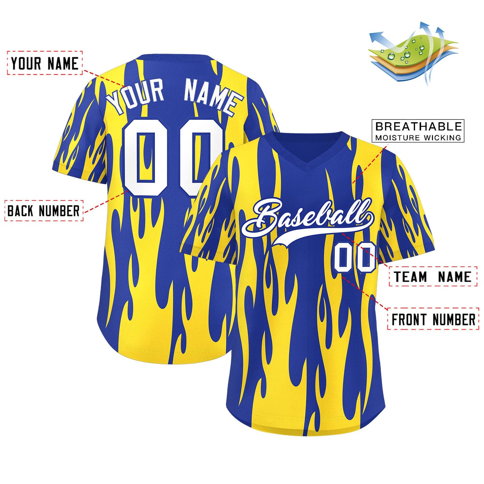 Custom Royal Gold Flame Pattern Authentic Pullover Baseball Jersey