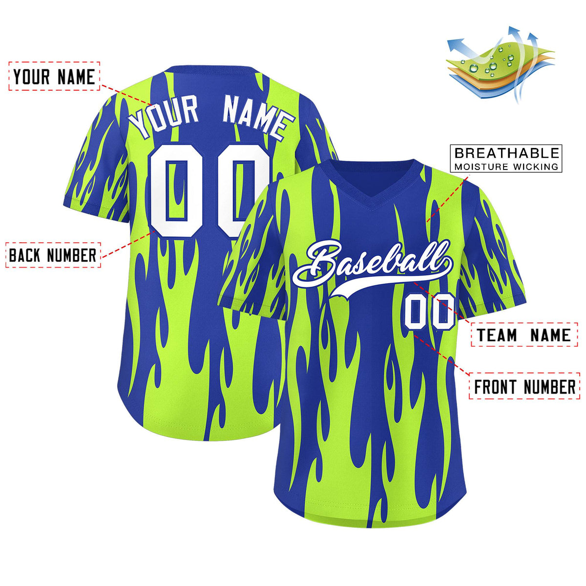 Custom Royal Neon Green Flame Pattern Authentic Pullover Baseball Jersey