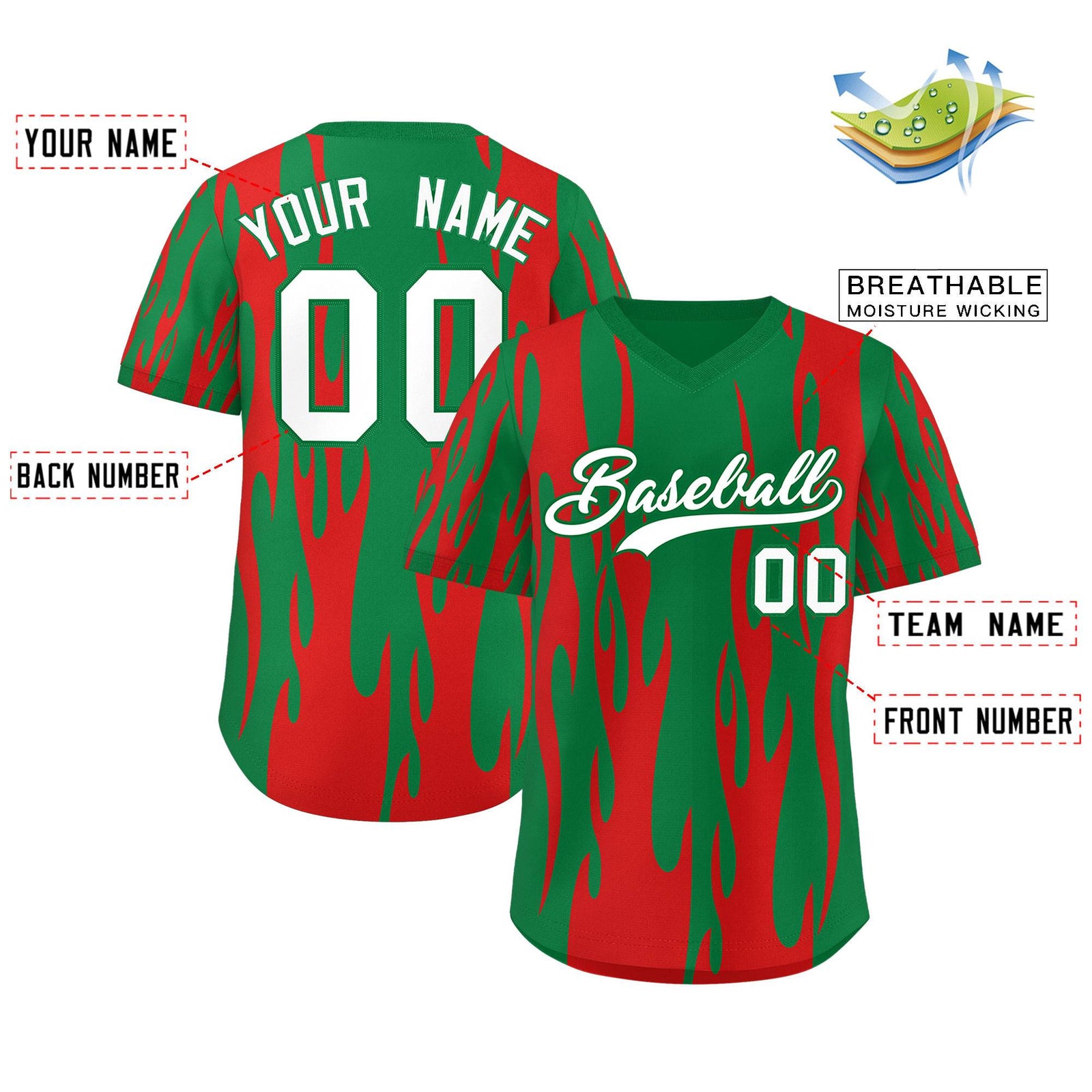 Custom Kelly Green Red Flame Pattern Authentic Pullover Baseball Jersey