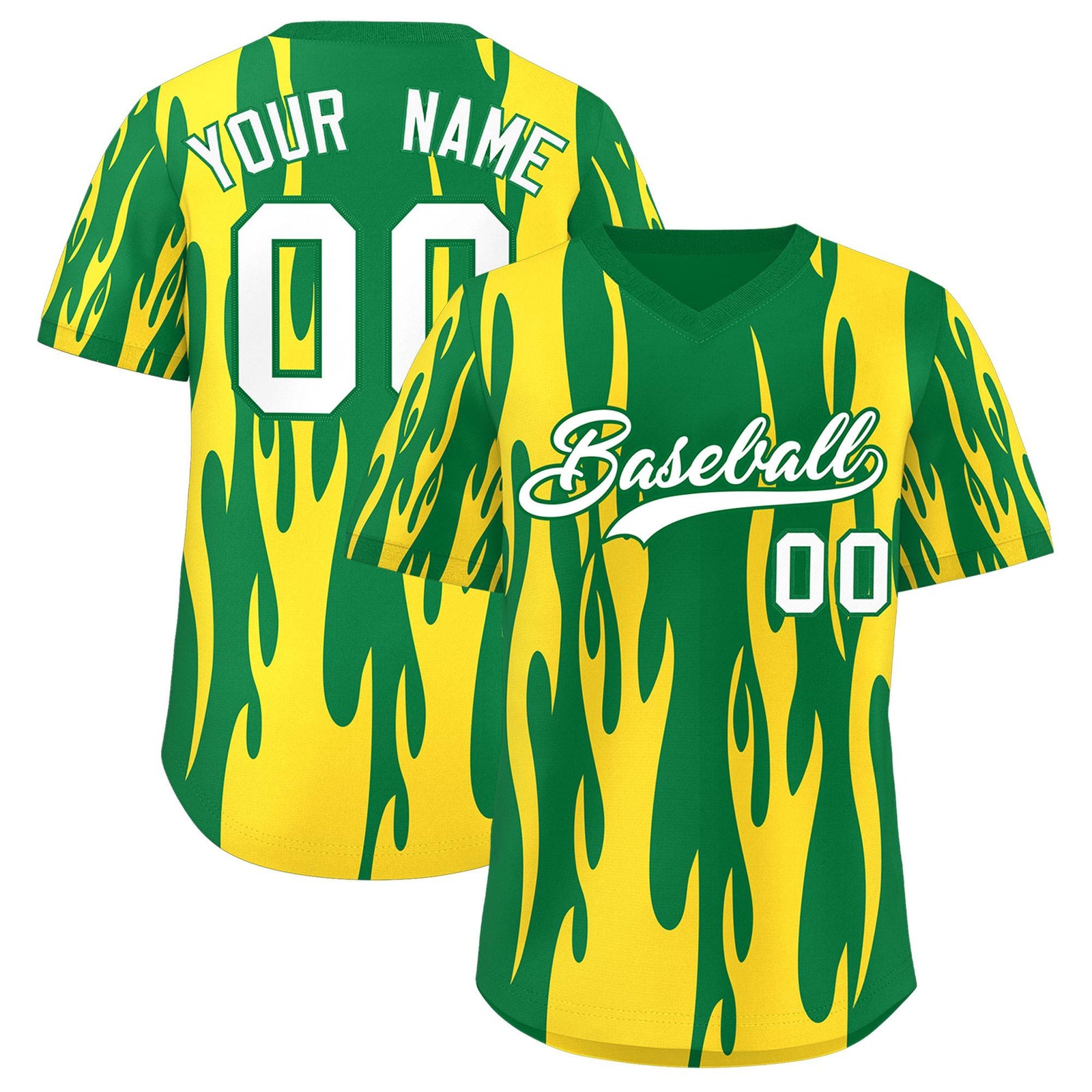 Custom Kelly Green Gold Flame Pattern Authentic Pullover Baseball Jersey