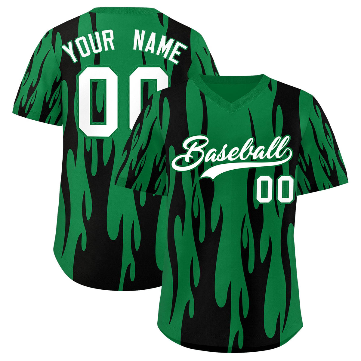 Custom Kelly Green Black Flame Pattern Authentic Pullover Baseball Jersey
