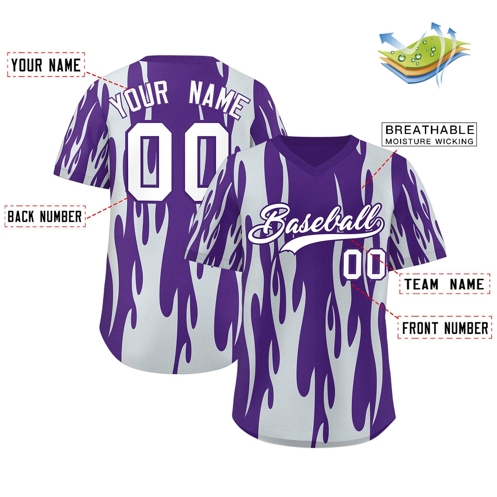 Custom Purple Silver Flame Pattern Authentic Pullover Baseball Jersey