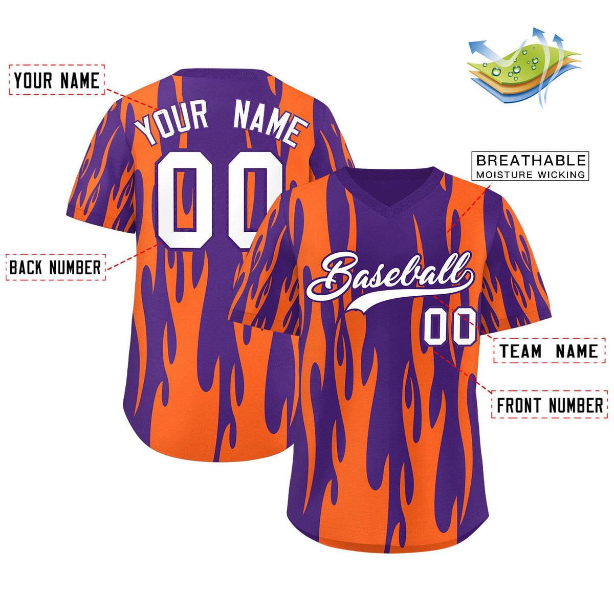 Custom Purple Orange Flame Pattern Authentic Pullover Baseball Jersey