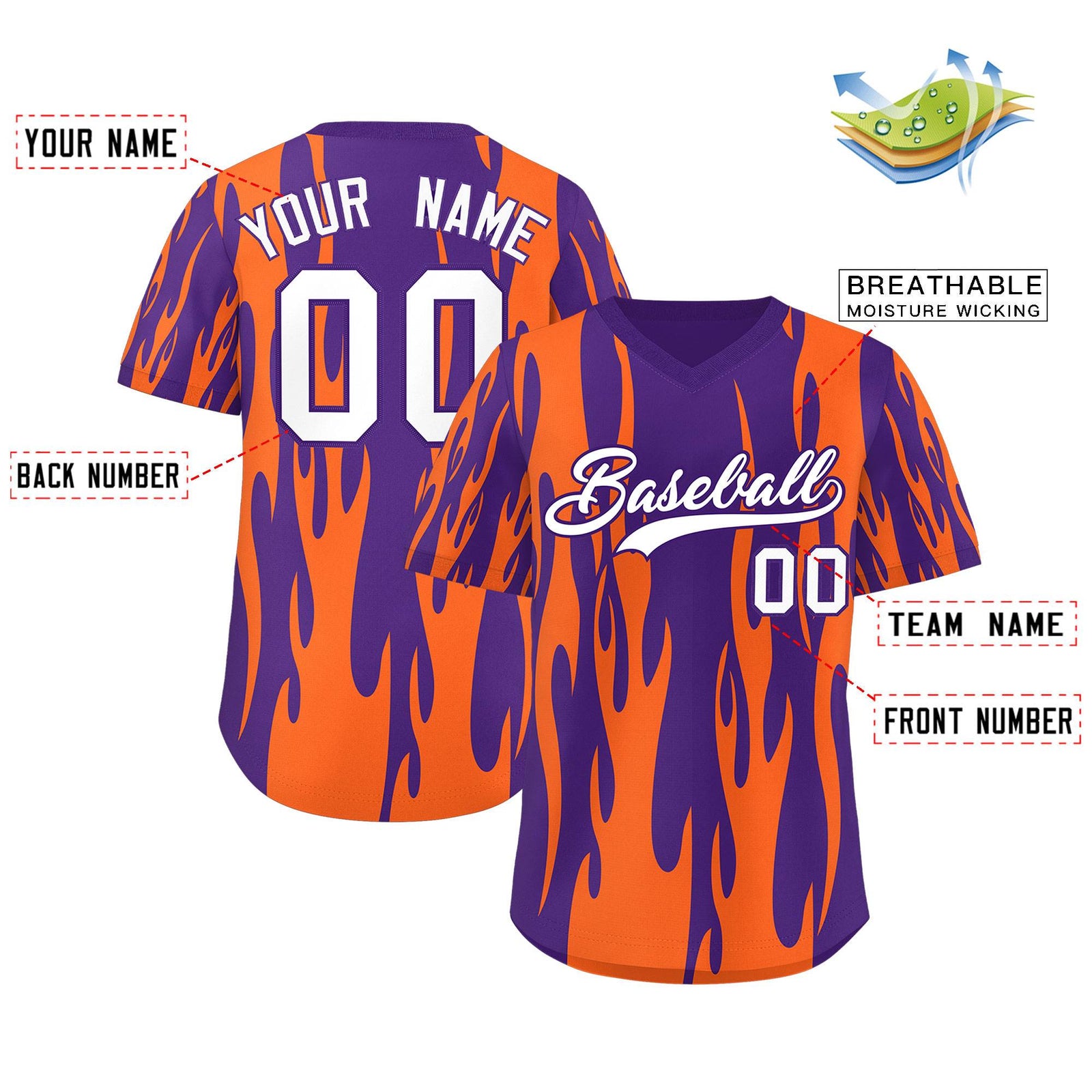 Custom Purple Orange Flame Pattern Authentic Pullover Baseball Jersey